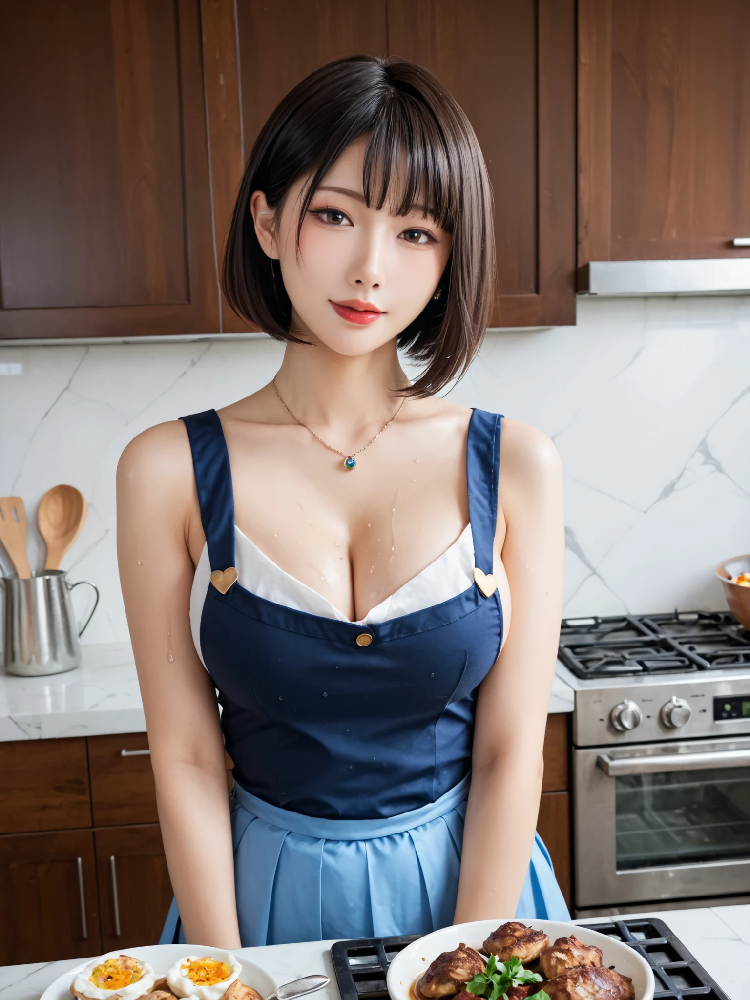 Highest Quality, masterpiece,viewers,bewitching expression,cleavage,sleeveless,mini skirt,aprons,portrait, like the picture, Taiwanese beauty, cooking in the kitchen, big boobs,wet skin,soft touch,Delicate Body Curves,Realistic Human Body,bob cut,is cooking,
