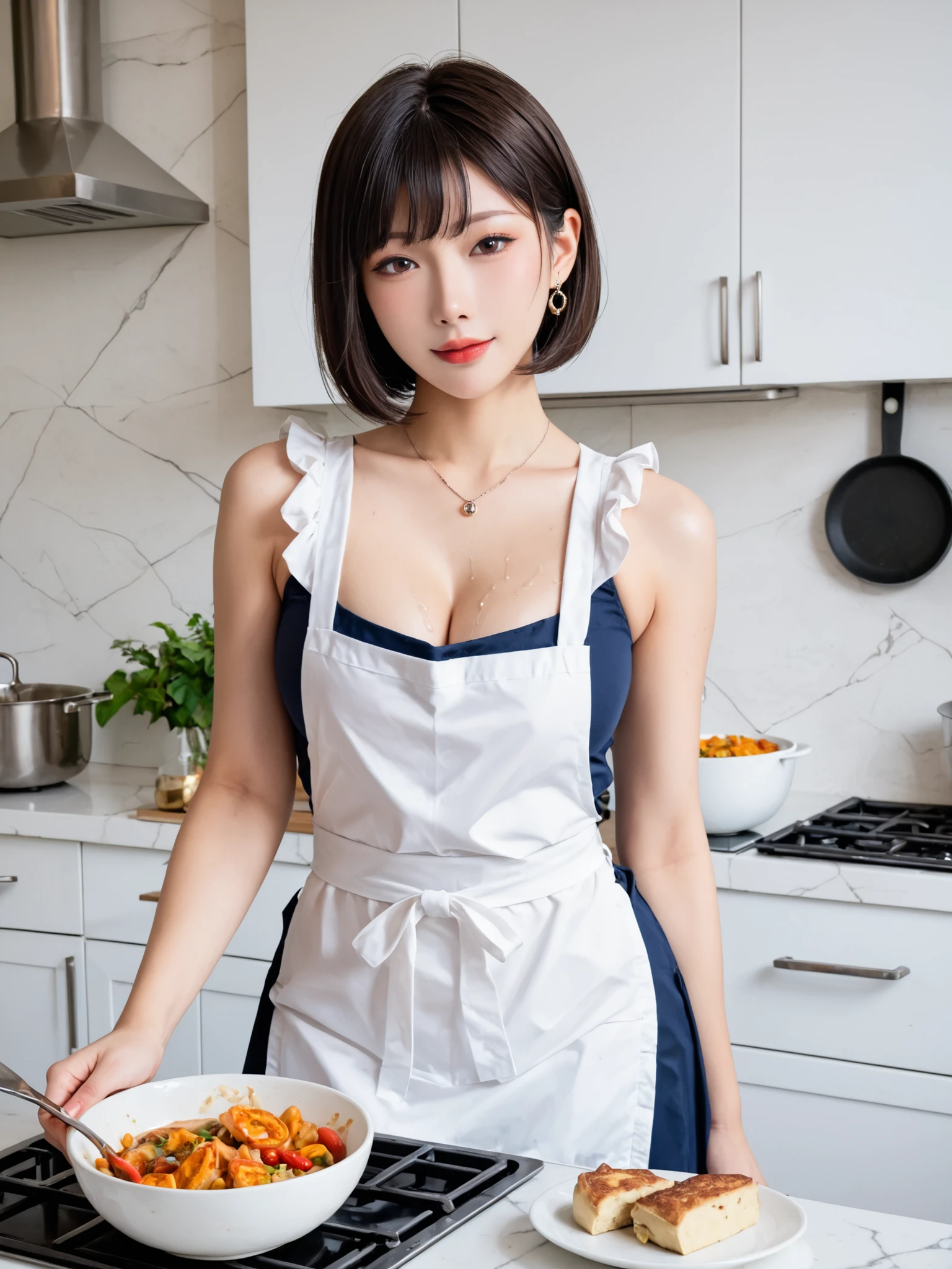 Highest Quality, masterpiece,viewers,bewitching expression,cleavage,sleeveless,mini skirt,aprons,portrait, like the picture, Taiwanese beauty, cooking in the kitchen, big boobs,wet skin,soft touch,Delicate Body Curves,Realistic Human Body,bob cut,is cooking,
