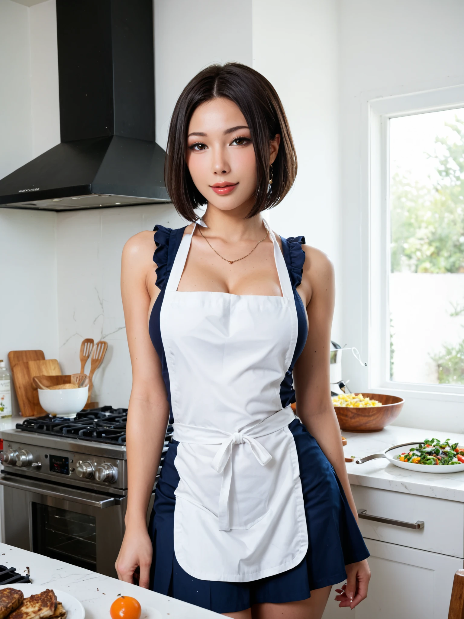 Highest Quality, masterpiece,viewers,bewitching expression,cleavage,sleeveless,mini skirt,aprons,portrait, like the picture, Taiwanese beauty, cooking in the kitchen, big boobs,wet skin,soft touch,Delicate Body Curves,Realistic Human Body,bob cut,is cooking,
