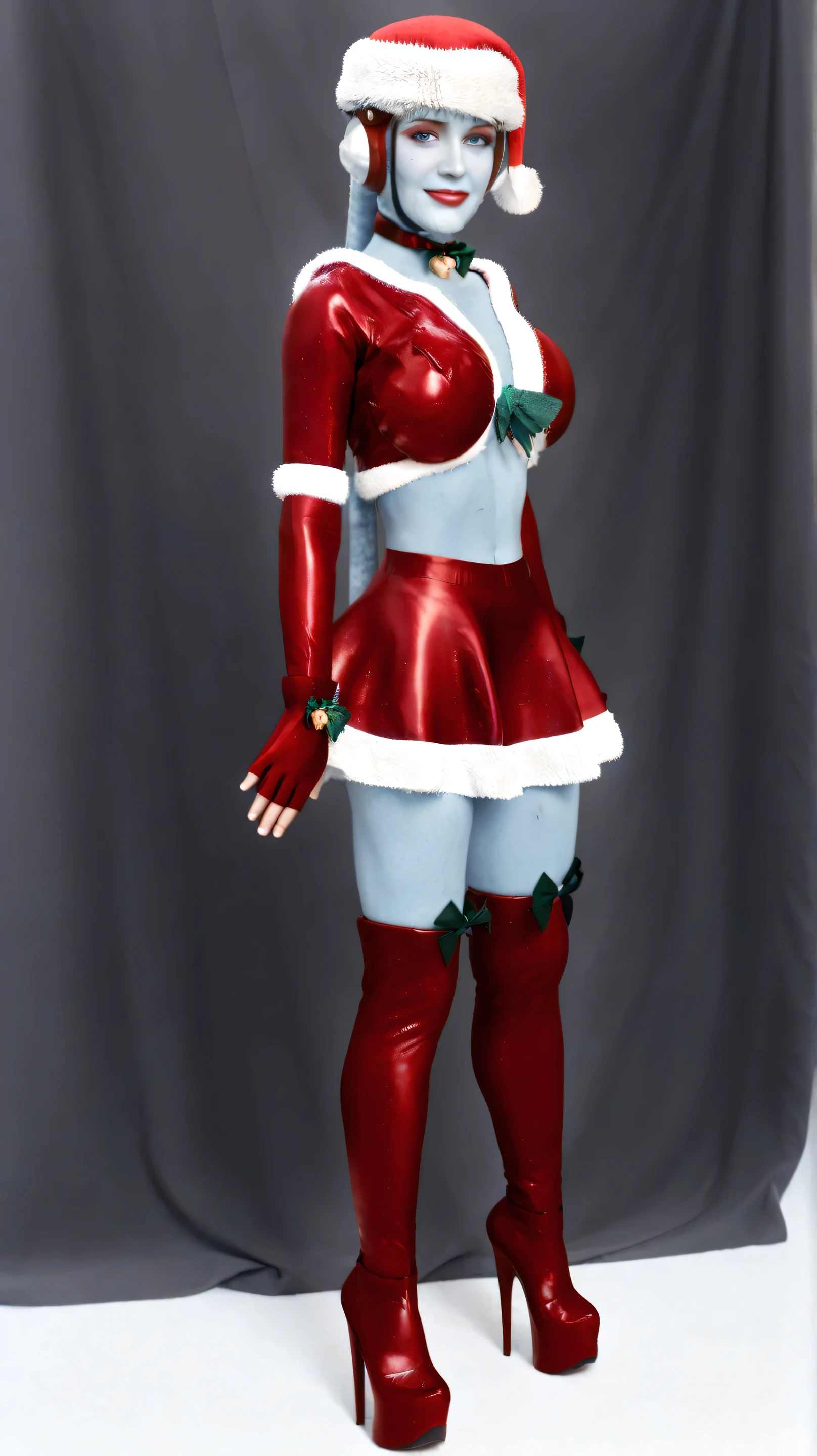 vistrac020, red and white latex top, red latex long gloves, red latex mini skirt, santa hat, red choker, , blue skin,,twi'lek, 1girl, colored skin, alien, tentacle hair , blue twi'lek, full body, full body shown, 1 girl, blue twilek, red and white thigh high boots, platform boots, red lipstick, eyelashes, makeup, glossy lips, masterpiece, dakimakura, high resolution, blush, smile, looking at viewer, standing up, masterpiece, best quality, highly detailed, high quality facial features, perfect eyes, red eyeshadow, facing directly, 4k , 8k , high resolution, reaslistic, shown fully in frame, Perfect body woman, Well proportionated Symmetrical body , missletoe over head, holding a pressent,