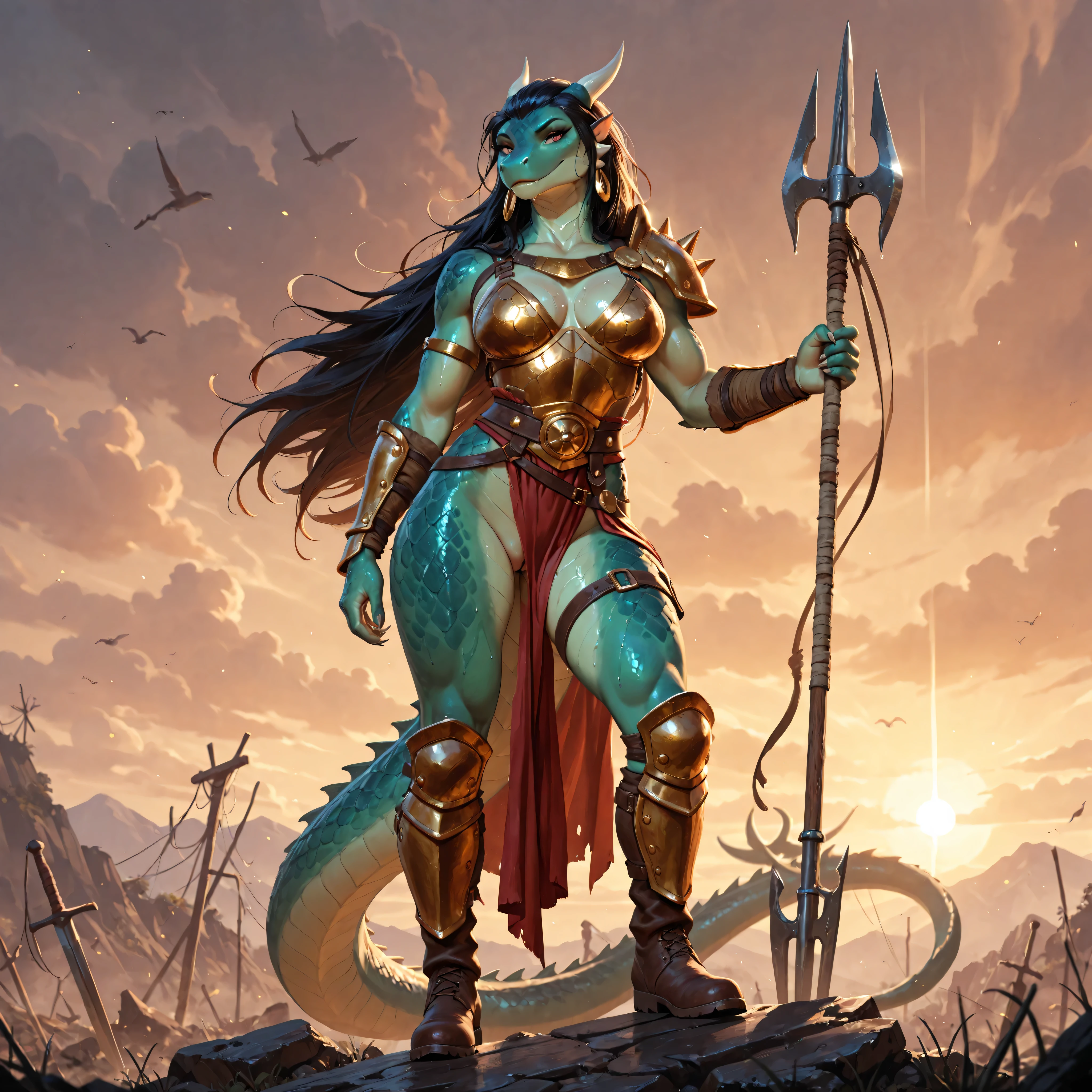 Furry female warrior, anthropomorphic Komodo dragon woman, seductive and strong, tall and athletic, with sensual curves of a slender body, smooth shiny scales, a long reptilian tail, sharp claws, long flowing dark hair, dressed in revealing fantasy armor — leather straps, metal decorations, high boots, gold jewelry, her breasts exposed, her pussy visible. An epic battle with a dragon among the ruins. Weapon: harpoon. Background: mountain passes. Emotions: rage. Wet skin and scales with shiny reflections, highly detailed, hyper-realistic illustration, soft warm lighting, strong contrast between shadows and light, inspired by “Conan the Barbarian,” the style of Frank Frazetta and Boris Vallejo, fantasy book cover, painted in oil