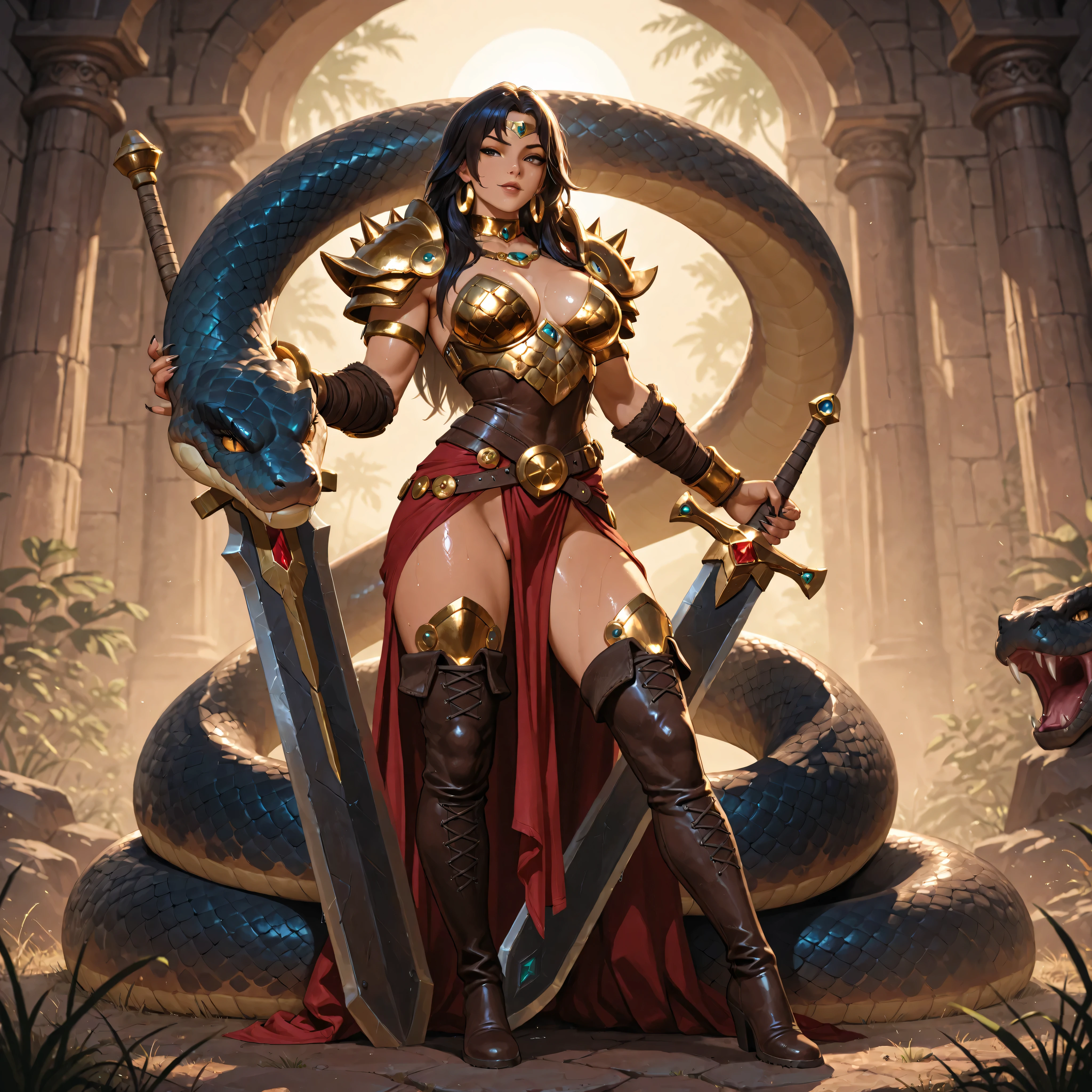 Furry female warrior lizard woman, seductive and strong, tall and athletic, with slender, sensual curves, smooth, shiny scales, a long reptilian tail, sharp claws, and long, flowing dark hair. She is dressed in revealing fantasy armor—leather belts, metal jewelry, thigh-high boots, gold jewelry—and bare breasts with a visible vagina. In front of her, she faces a huge snake. Attack facing a giant snake. Weapon: Greatsword. Background: Jungle. Emotion: Rage. Wet skin and scales with shiny highlights, highly detailed hyperrealistic illustration, soft warm lighting, strong contrast between shadows and lights, inspired by Conan the Barbarian in the style of Frank Frazetta and Boris Vallejo.