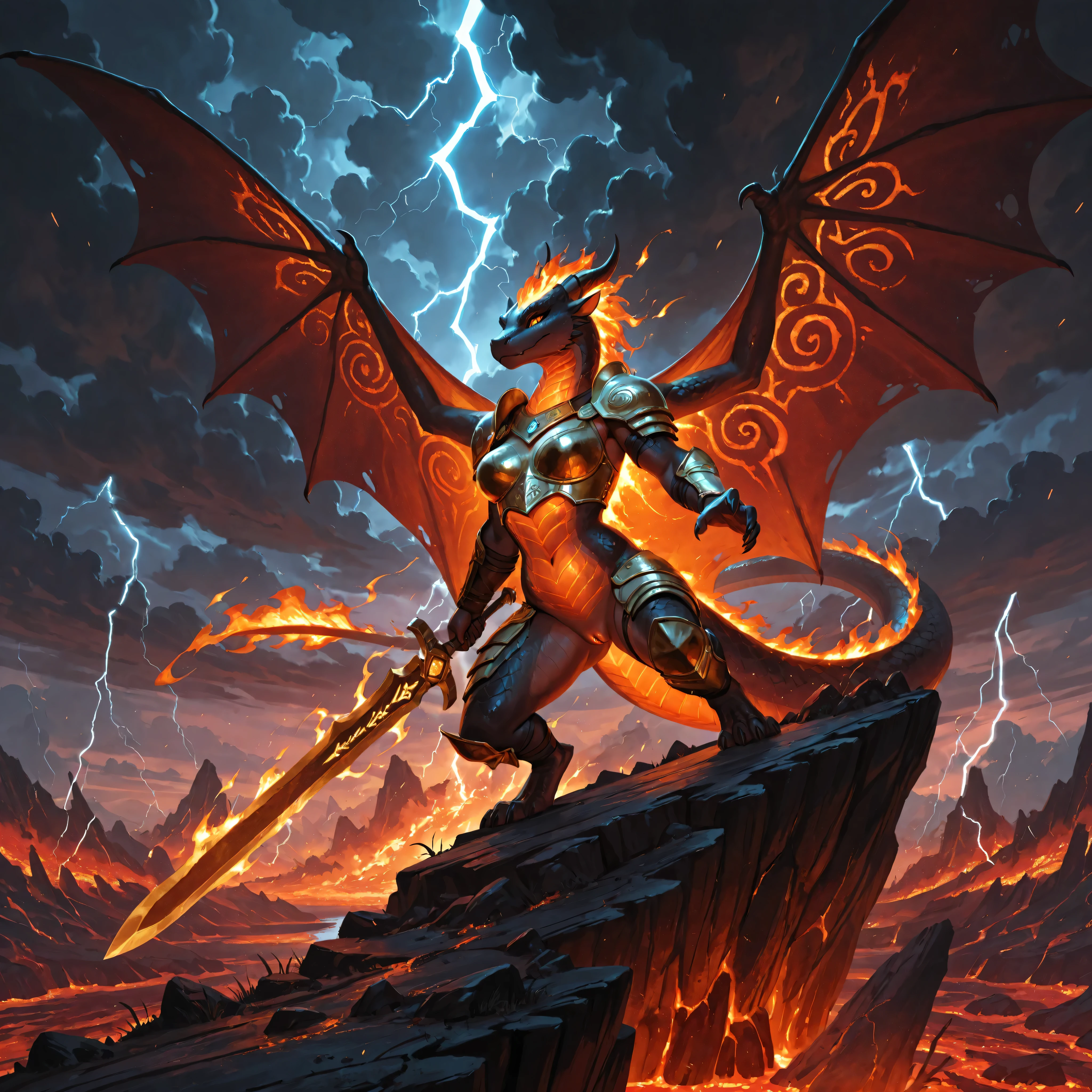 Furry Komodo dragon warrior woman, anthropomorphic, standing heroically on a rocky cliff with a massive sword raised high, fire and lightning in the background. Her armor shines with gold runes, her tail balances her stance, revealing her pussy..
Behind her, an enormous dragon spreads its wings, ready to strike. The warrior roars defiantly, wind and flames swirl around.
**Style:** fantasy epic, cinematic lighting, ultra detailed, dark dramatic clouds, glowing lava cracks, Boris Vallejo fantasy style, strong composition, 8k