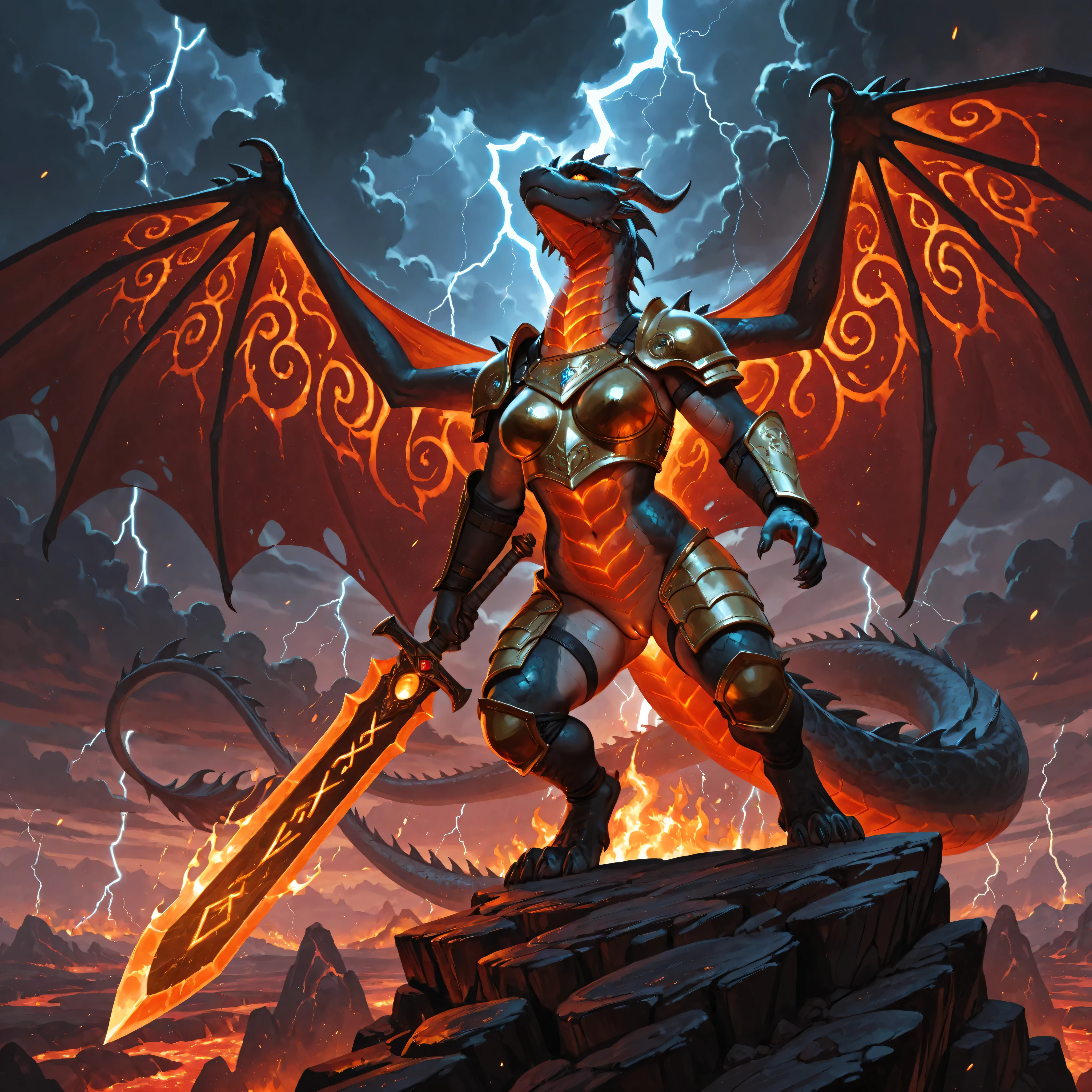 Furry Komodo dragon warrior woman, anthropomorphic, standing heroically on a rocky cliff with a massive sword raised high, fire and lightning in the background. Her armor shines with gold runes, her tail balances her stance, revealing her pussy..
Behind her, an enormous dragon spreads its wings, ready to strike. The warrior roars defiantly, wind and flames swirl around.
**Style:** fantasy epic, cinematic lighting, ultra detailed, dark dramatic clouds, glowing lava cracks, Boris Vallejo fantasy style, strong composition, 8k