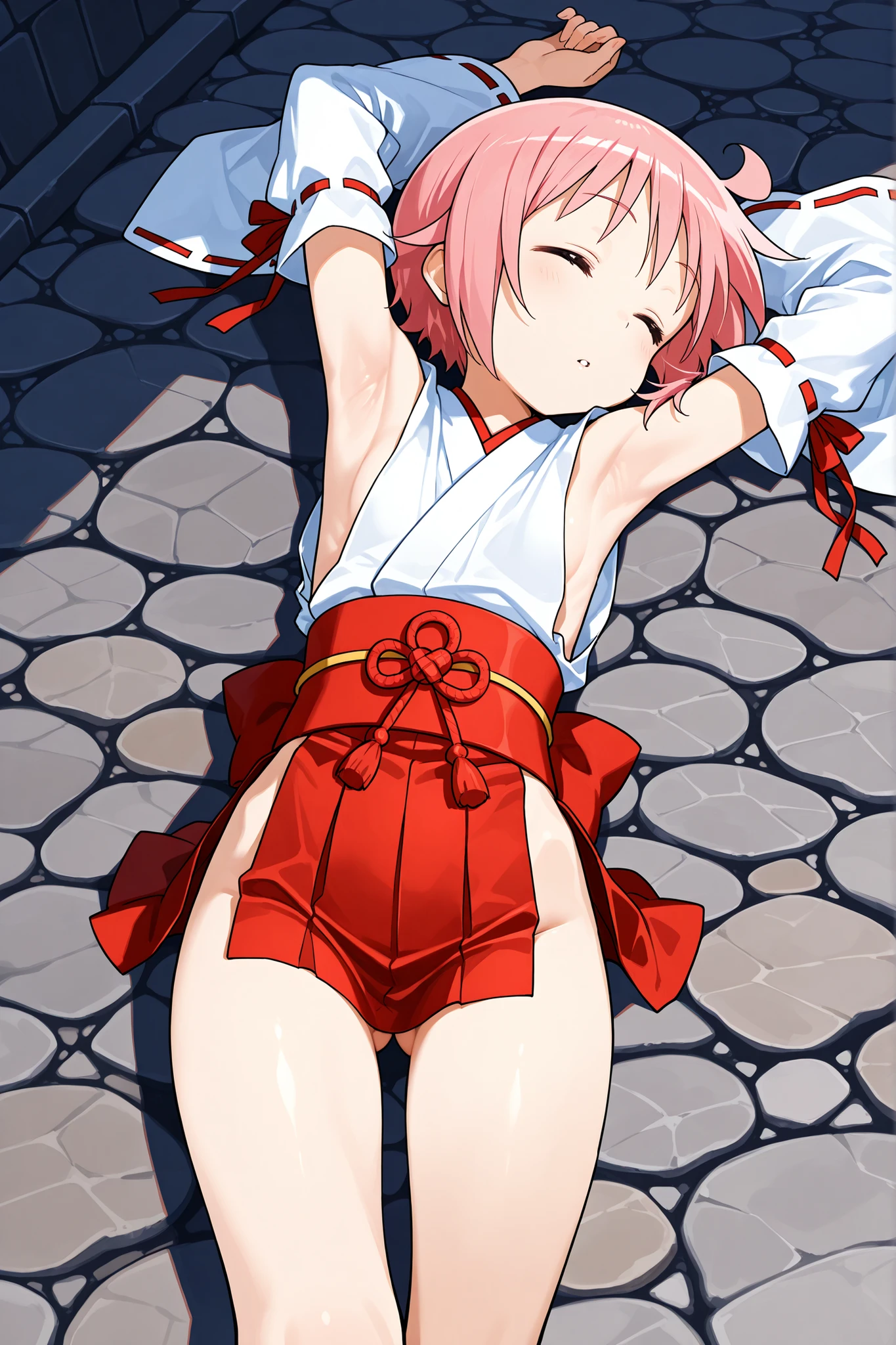 ,nonohara yuzuko, pink hair, short hair,ahoge,closed eyes,bangs,score_9, score_8_up, score_7_up, source_anime,solo,1woman, miko,,(((mini slit red skirt))),((ass visible through thighs)),((red Obi)) ,((Obi knot)),(flat chest) , ((side boob)) , (No panties) , ((exposed shoulders)) ,((detached white sleeves)),(ribbon-trimmed sleeves),(((glimpse of her thighs))),((dramatic angle)),((sleeping on the cobblestone)),((side view)),((presenting armpit)),
