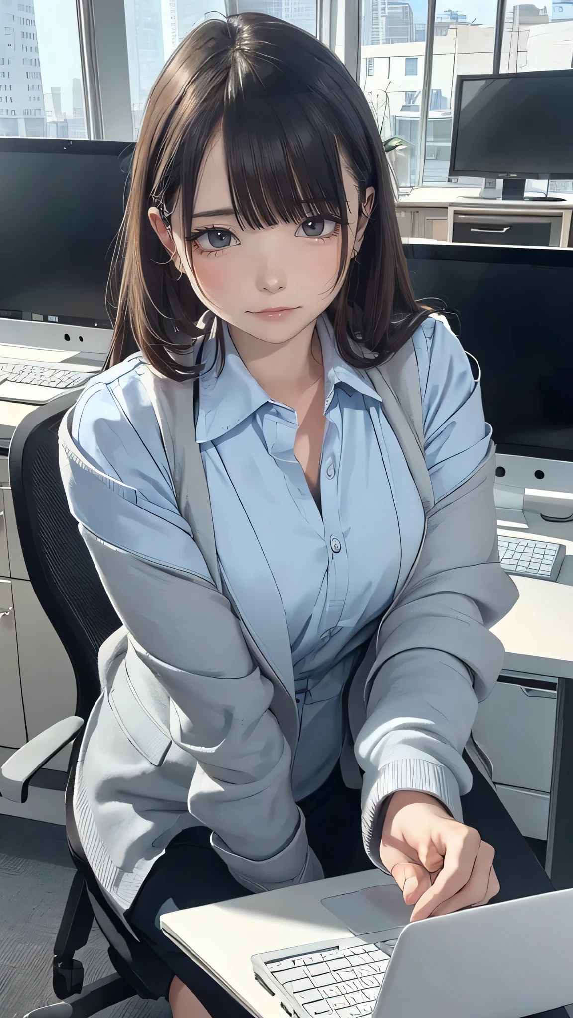 Anime girl sitting on a desk with a laptop in front of her - SeaArt AI