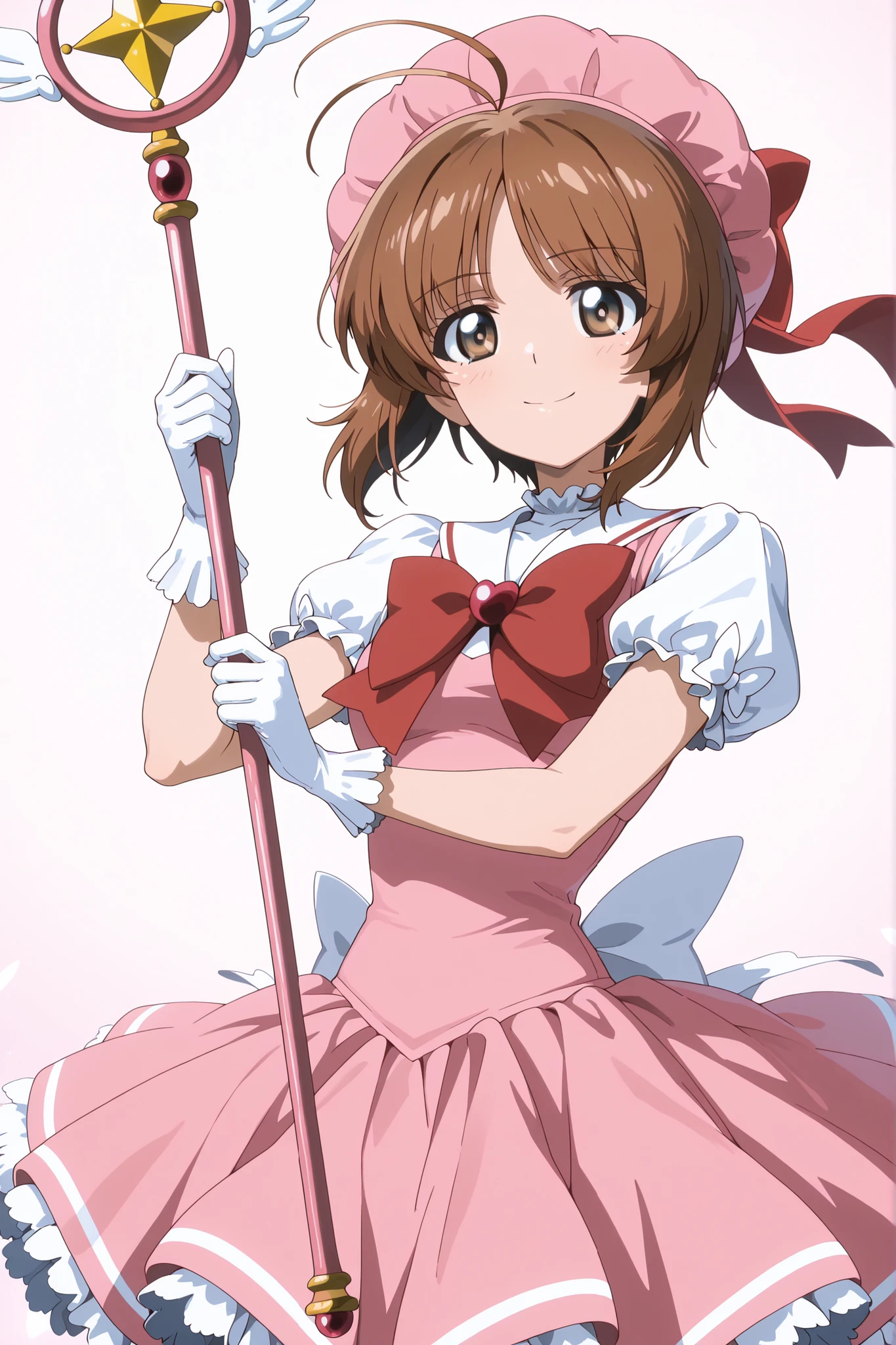 Masterpiece, 1girl, solo, nishizumi miho \(girls und panzer\), kinomoto sakura cosplay, pink headwear,smile,antenna hair,holding pink magic staff,puffy sleeves, red bow, happy, magical girl pose, yellow to pink fade background