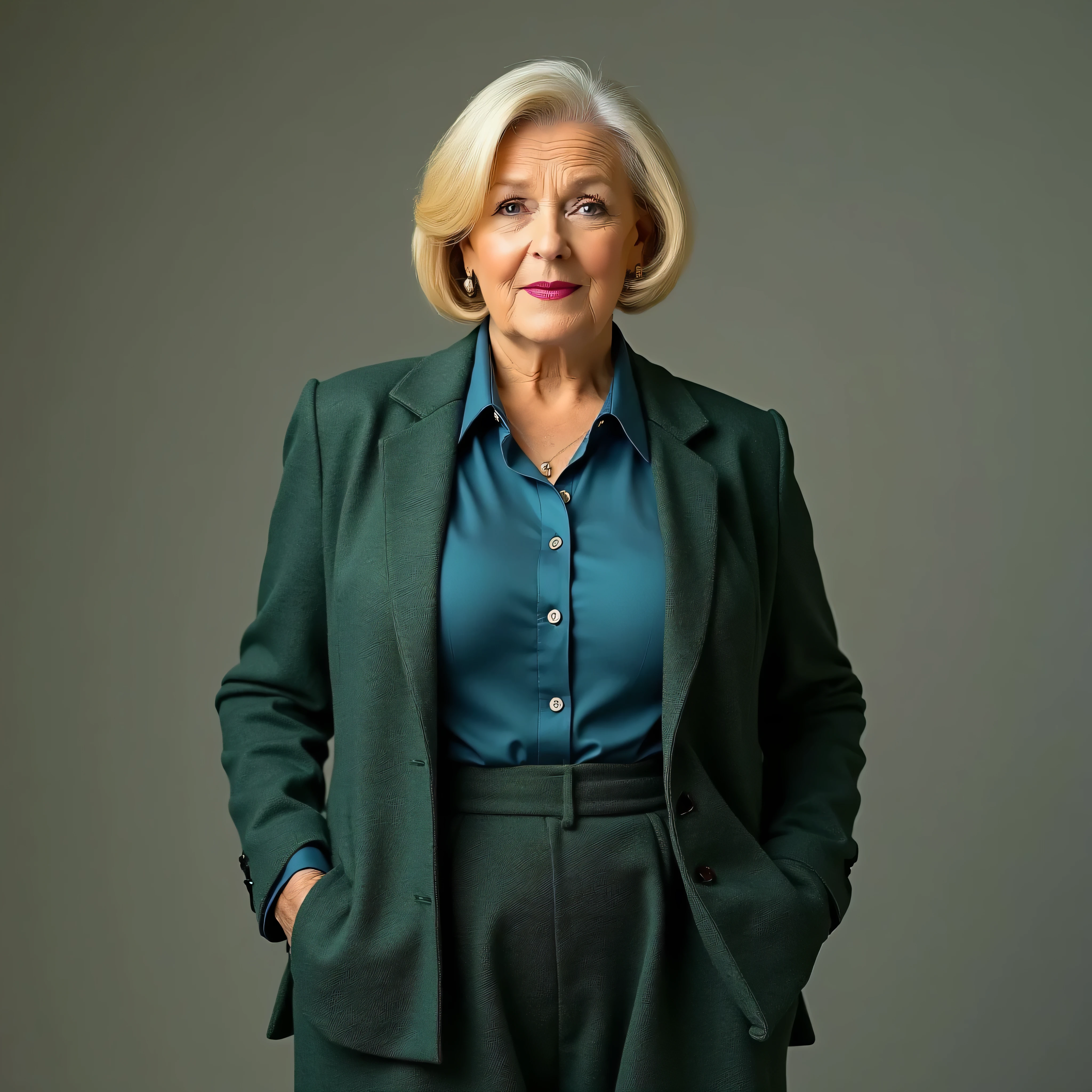 A realistic, high resolution photograph of a beautiful woman in her 60's; full body frontal view facing the camera with her arms at her side, looking at the camera. There is extra space in the photo above her head. She has an matronly, hourglass, fashion model figure with large rounded, uplifted breasts, large hips, and an average waist. She has short straight golden blonde hair with light roots in a bob with a side part. She has a beautiful heart shaped face with thin lips, a small nose, a short, thick neck and ears that lay close to her skull. She has violet eyes and a vanilla complexion. Her lips are open and she has atroubled expression. She is wearing a steel blue stain button down blouse, a moss green tweed woman's blazer and matching skirt. The rounds of her breasts are well defined beneath her clothing and you can see a bit of cleavage. There is no one else in the photo. There is extra space above the subject’s head and centered composition — suitable for magazine-style layout or cinematic framing.