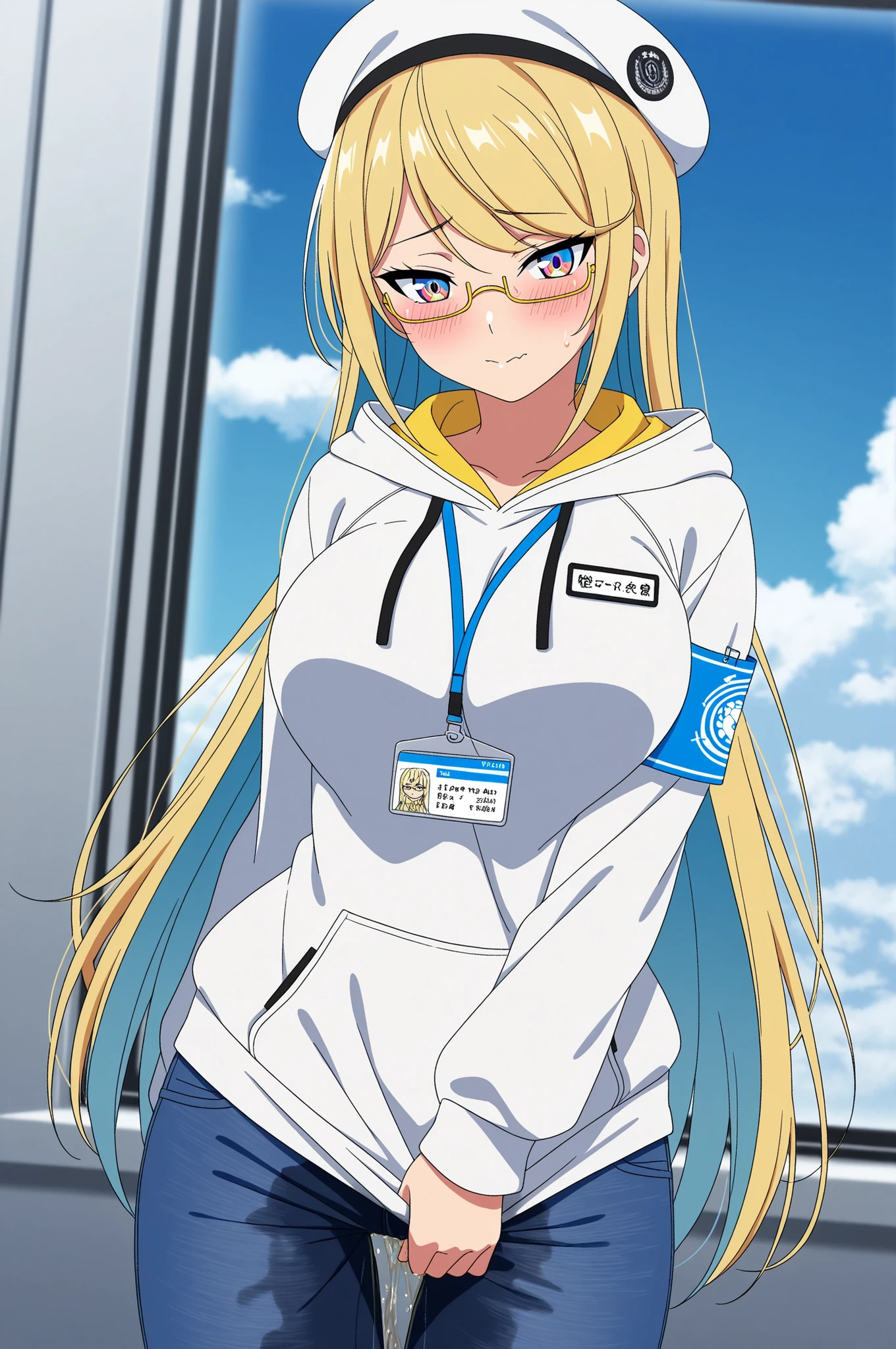 score_9, score_8_up, masterpiece, best quality, anime coloring, anime screencap, 1girl, very long hair, blonde hair, glasses, semi-rimless eyewear, multicolored eyes, blue and yellow eyes, (swept bangs:0.75), tsurime, large breasts, multicolored hoodie, white hoodie, light blue hoodie, yellow hoodie, gold-trim hoodie, jeans, white military beret, window, clouds, (futuristic:1.25), (science fiction:1.25), lanyard, nametag that says "Seren", hologram armband colored inner hair, light blue inner hair, closed mouth, wetting self, blush