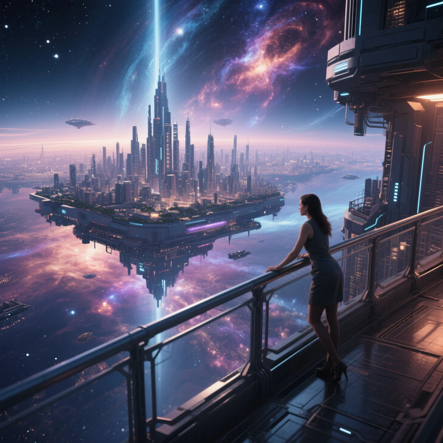 brightly colored abstract image of a space station with a spiral, epic beautiful space scifi, chaotic cinematic space rift, greg beeple, planets colliding, beeple and tim hildebrandt, beeple and jean giraud, end of the universe, galaxy space sci-fi, ringworld, by Mike "Beeple" Winkelmann. Matrix style, (((((Matrix cascading code))))), (((((a futuristic twin tower skyscraper with a unique twisted design))))), (((((OLED GUI interfaces in the building))))), at night, (((((1girl, solo))))), photo realistic, (((large-breast:1.2 slim body, cleavage))), (((off broken mini sling-shirt and black sling bra, extreamly short pleated miniskirt exposing ))), (((((running pose))))), (((((matrix style black sunglasses))))), ((((((((((aiming with a short gun)))))))))), (((((looking at camera))))), (((very low view))), (((((half-body thigh level medium shot))))), (((cinematic lighting))).