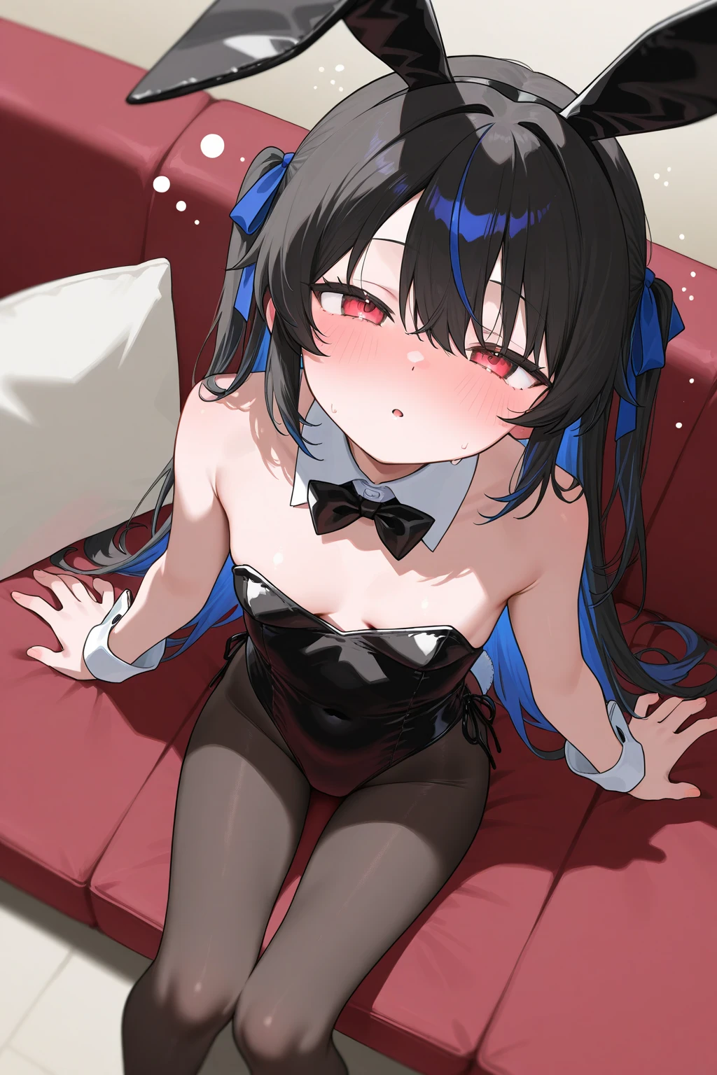 Hands behind back,Bind both hands,lick,open mouth,tongue out,??? on tongue,1girl,(((((12-year-old girl))))),(((((Short,))))),slender,small ??????? ,front face,from front,front view,looking at viewer, looking ahead,from above,cowboy shot,Black Hair,Twin tails,Gray Eyes,Drooping eyes,slit pupils,narrow eyes.Mischievous smile,Black and blue lingerie,Garter on one leg,Kneeling,Straight Stand,Collar with leash,Dimly lit room,On the bed,Simple Background,Gray background,Dim lighting,Beautiful and detailed anime art