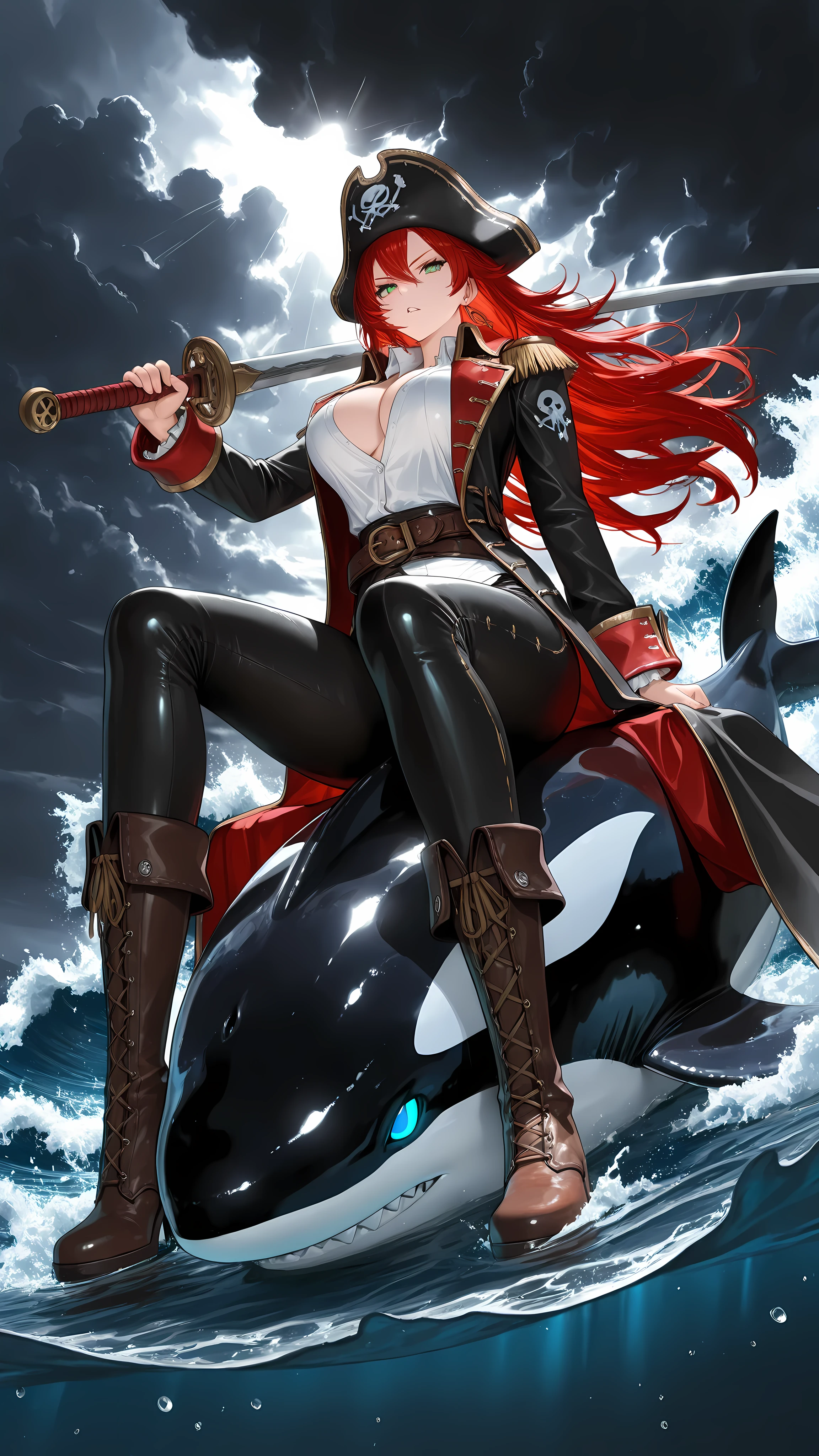 (masterpiece:1.3), (best quality), (ultra detailed), (dramatic lighting), (vertical composition:1.2), (centered composition:1.1),
a powerful beautiful female pirate, (on the orca's back), sitting astride a giant orca rising from stormy waves,
she holds a curved sword forward with one hand, coat and red long hair blowing fiercely in the wind,
blue sharp eyes, evil grin, gold earrings, pirate hat, green long coat, white shirt slightly open at chest, tight black pants, stylish boots,
sea spray and water droplets around, sunlight piercing dark clouds, cinematic atmosphere,
the orca’s body glistening in water and light, emphasizing motion and scale,
heroic fantasy scene, powerful perspective, expressive dynamic pose, (low angle shot), (waves and orca below her)