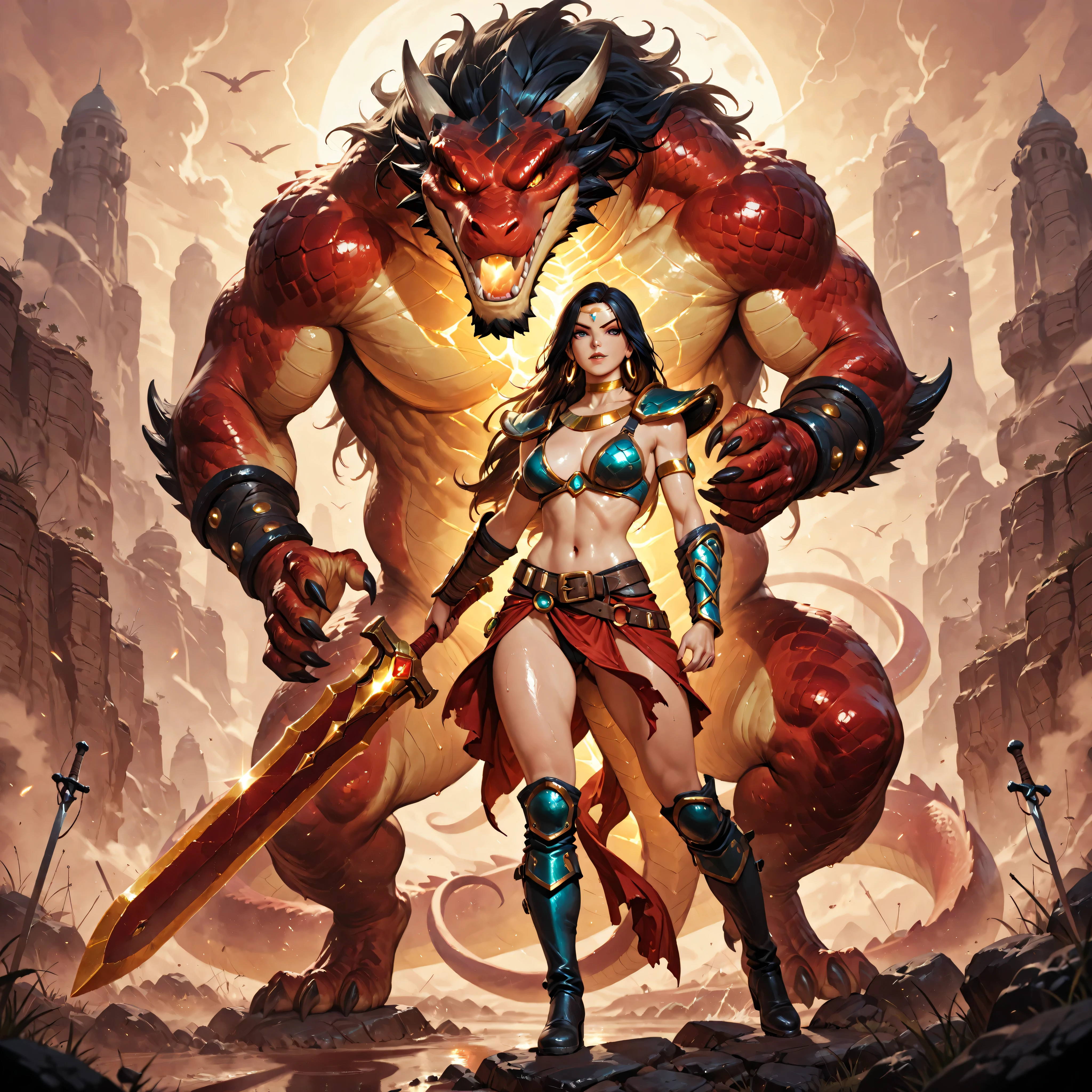 A furry lizard warrior, seductive and strong, tall and athletic, with slender, sensual curves, smooth, shiny scales, a long reptilian tail, sharp claws, and long, flowing dark hair. She is dressed in revealing fantasy armor—leather belts, metal jewelry, high boots, gold jewelry—and bare breasts with a visible vagina. Dynamic combat poses—dodge and attack the snake.
Face-to-face attack with a giant monster. Weapon: Greatsword. Background: Desert. Emotion: Rage. Wet skin and scales with shiny highlights, highly detailed hyperrealistic illustration, soft warm lighting, strong contrast between shadows and lights, inspired by Conan the Barbarian in the style of Frank Frazetta and Boris Vallejo, fantasy book cover painted in oil.