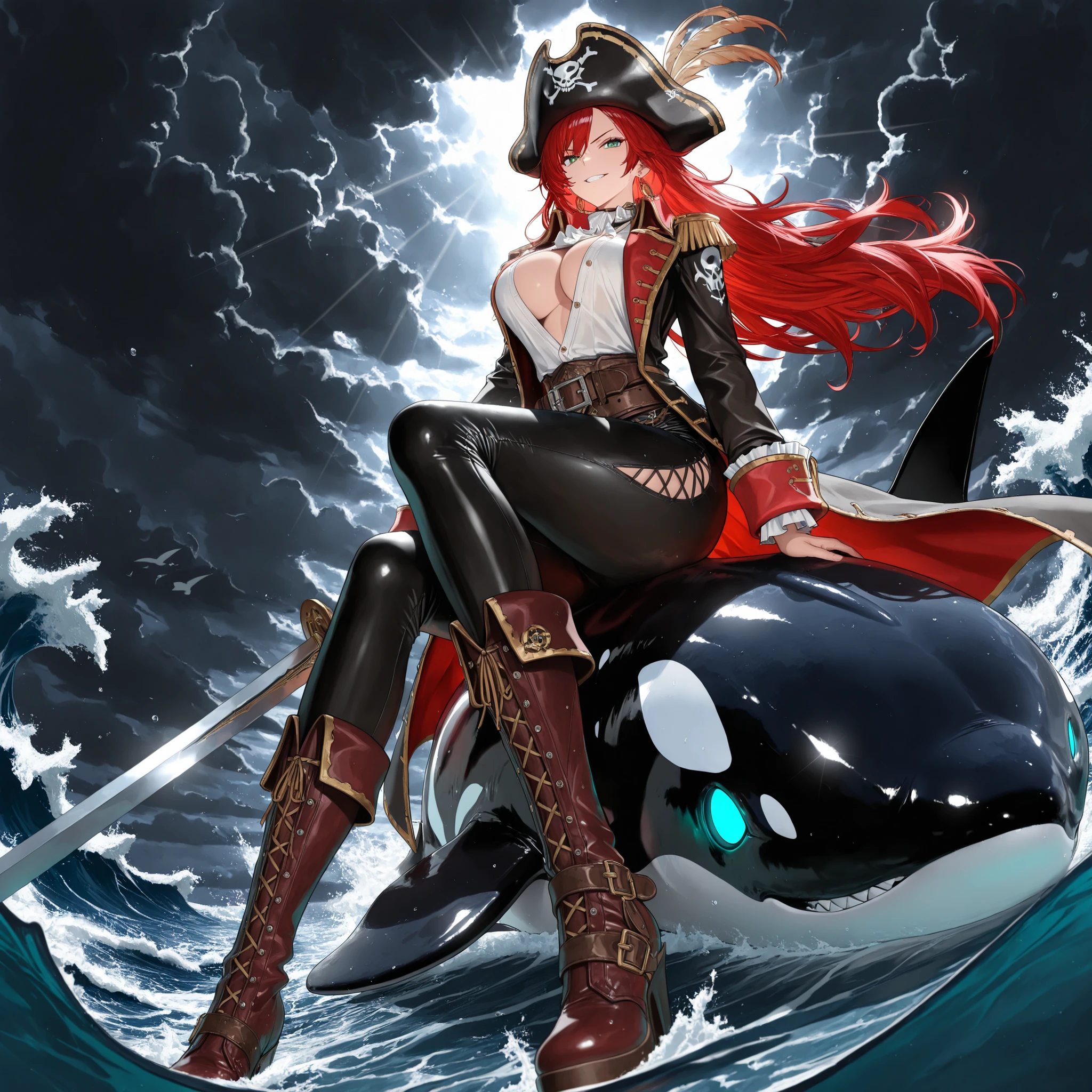 (masterpiece:1.3), (best quality), (ultra detailed), (dramatic lighting), (vertical composition:1.2), (centered composition:1.1),
a powerful beautiful female pirate, (on the orca's back), sitting astride a giant orca rising from stormy waves,
she holds a curved sword forward with one hand, coat and red long hair blowing fiercely in the wind,
blue sharp eyes, evil grin, gold earrings, pirate hat, green long coat, white shirt slightly open at chest, tight black pants, stylish boots,
sea spray and water droplets around, sunlight piercing dark clouds, cinematic atmosphere,
the orca’s body glistening in water and light, emphasizing motion and scale,
heroic fantasy scene, powerful perspective, expressive dynamic pose, (low angle shot), (waves and orca below her)