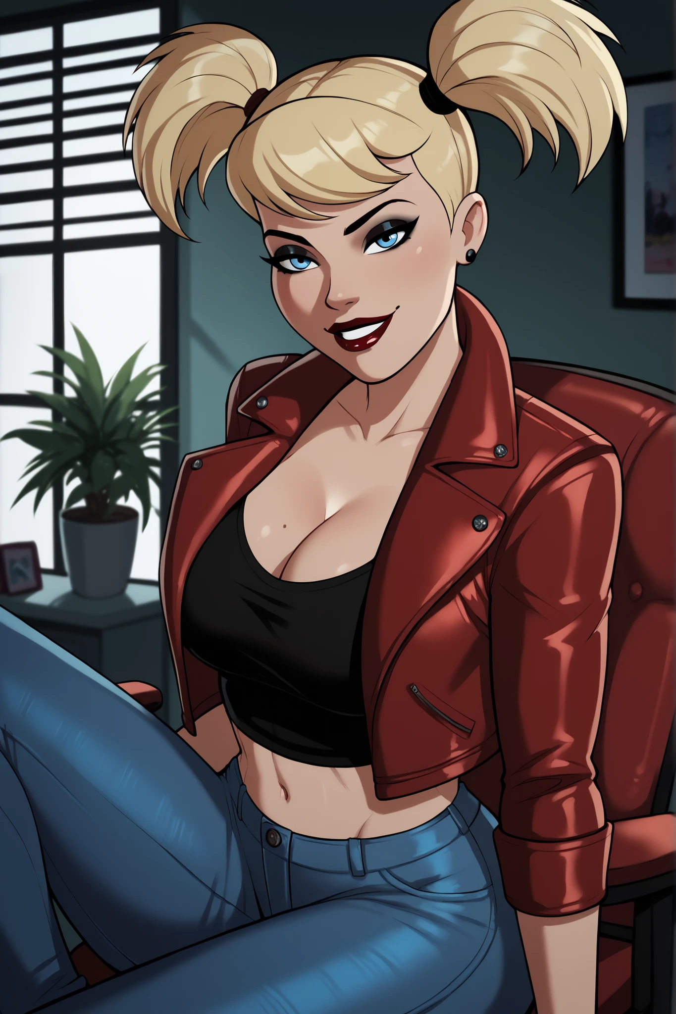 BREAK, score_9, score_8_up, score_7_up, score_6_up, Harleybtas, 1girl, solo, twintails, short hair, blonde hair, blue eyes, dark red lips, , cleavage, lipstick, makeup, smiling, closed mouth,  expression, bedroom eyes, looking at viewer, seducing viewer, teasing viewer, busty, red leather jacket, black crop top, red jeans, sitting in chair, indoors, bedroom, upper body, portrait, closeup, black eyeshadow