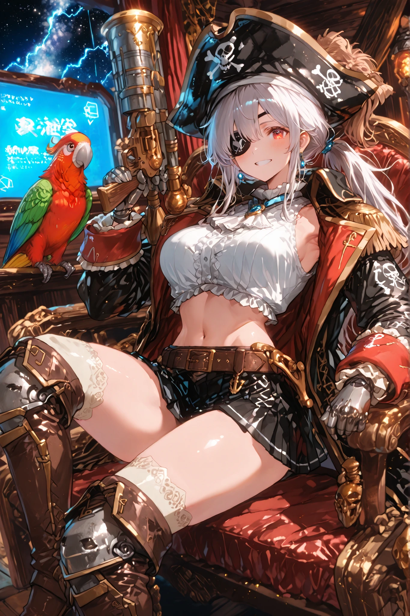 Pirate outfit、Leather Belt、I have a long open pirate coat、黒のニーハイboots、白いサイハイソックス
髑髏と骨が描かれたPirate Hat
黒い海賊のEye patch
肩に乗ったParrot、masterpiece,最High Quality,Super Detailed,high resolution,slender,High Quality、score_9、score_8_up、score_7_up、masterpiece、High Quality、Super Detailed、high resolution、High Quality、最High Quality、anime style、dynamic pose to rub your armpits、masterpiece、（（広いSpaceship Bridgeに立っている肩にParrotを乗せたSpace Piratesの少女））1 Girl（   Android Girl、big breasts、thin waist、sexy、 Silver Hair、 mechanical hand 、Machine leg、mechanical waist、Machine Body、 very long silver hair、Red Eyes、With a gun、ponytail、flint lock、sitting in a luxurious chair、while dozing、 pirate windbreaker 、mini skirt、boots、Pirate Hat、Eye patch、pirate cloak  、long hair、The laughing、I'm wearing shining gold armor、Pointing out the window) High Quality、masterpiece、Ultra Resolution、Space Pirates、Spaceship Bridge、Wide Spaceship Bridge、、Control Panel、Holographic Display、Blue Glowing Screen、Complex equipment、        、（（肩に乗った緑のParrot））、Parrot、（（Large Space Outside the Window））、Star々、milky way、遠くの惑Star、カラフルなStar雲、Adventurous Atmosphere、Blue and Purple Lightning、Dramatic Composition、sf、     futuristic technology     、Accurate lighting、Space Piratesの秘密基地、Lots of spaceships、mechanic、 Lively 