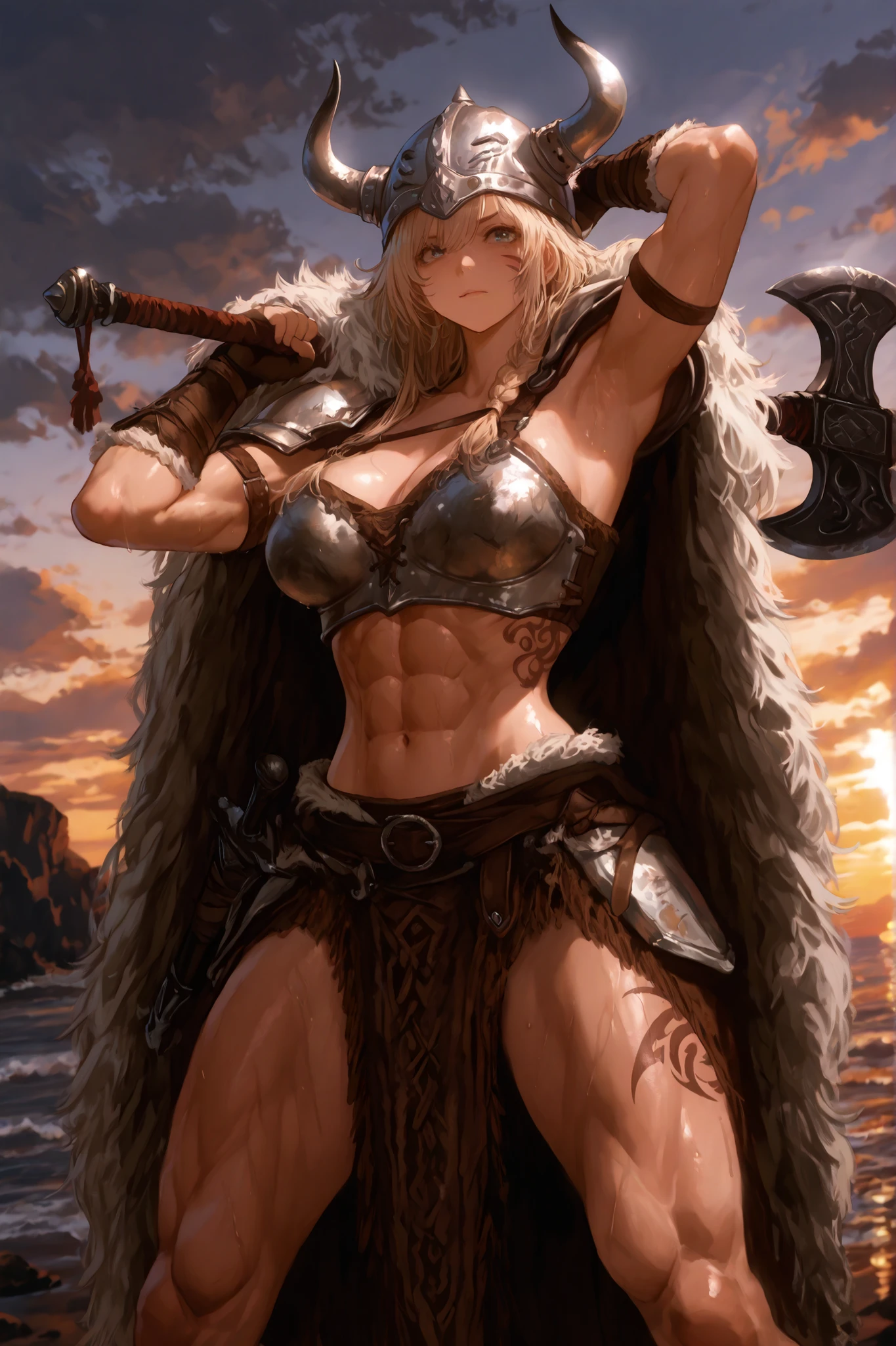 masterpiece,最High Quality,Super Detailed,high resolution,slender,High Quality、score_9、score_8_up、score_7_up、masterpiece、High Quality、Super Detailed、high resolution、High Quality、最High Quality、anime style、dynamic pose to rub your armpits、masterpiece、High Quality、masterpiece、超high resolution、masterpiece, High Quality, 8K Wallpaper,one woman( Tattoos on body and face、VIKING WOMEN , muscular body, Toned Abs, Strong Arms, Muscular Legs, fur cloak、Viking horned helmet, decorative metalwork, Sturdy Viking Armor, Leather and Metal Details, Shoulder armor , ((Viking Axe, Little boy in a)), Sharp Blade, Battle Pose, battlecry, brave expression, Fighting Intentions, Long Braided Hair, blonde, blue eyes) Rough Shore 、on board、 cloudy sky, dramatic lighting, evening,anime style, Fine Details, dynamic composition