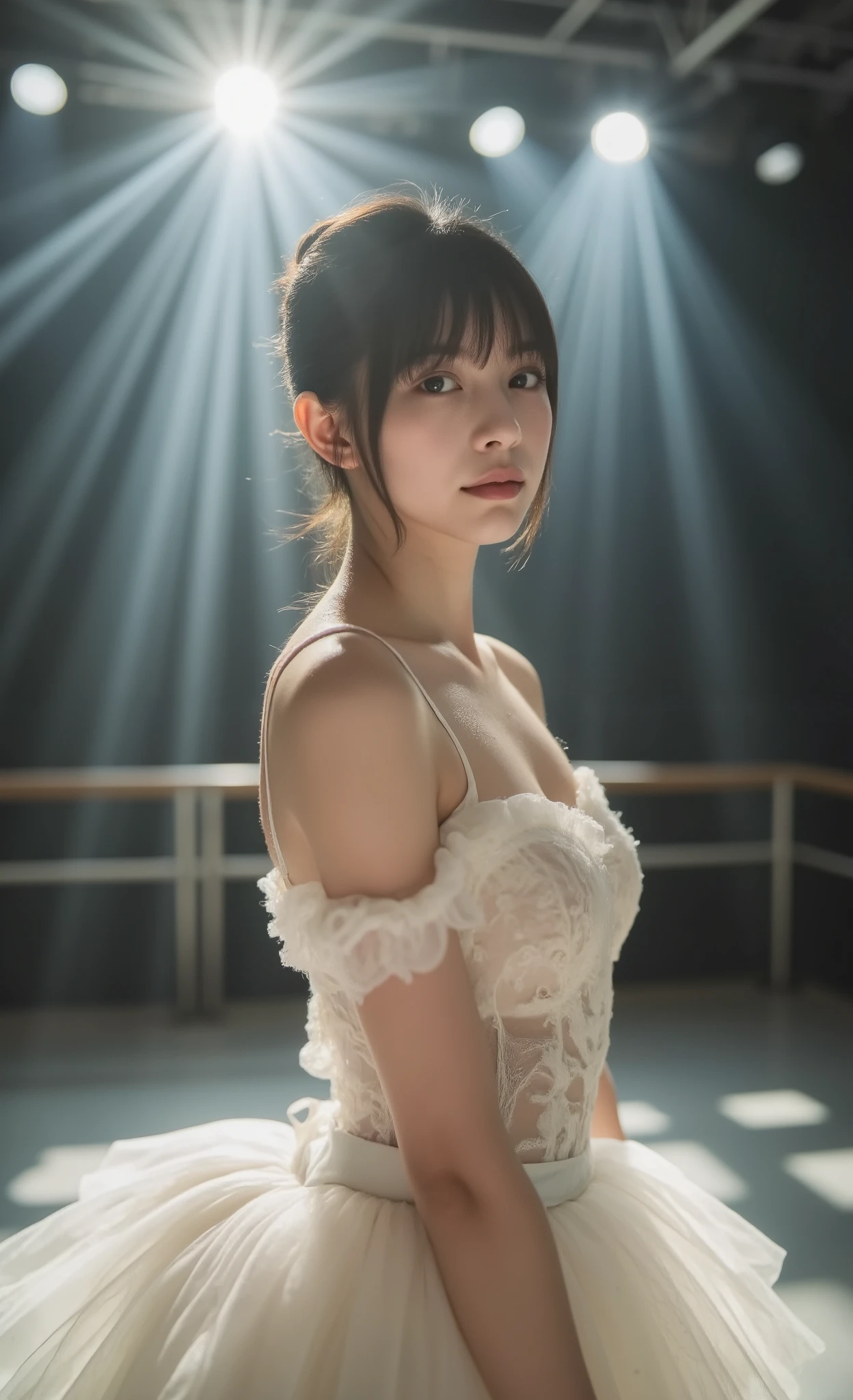 masterpiece, photorealistic, 8k UHD, ultra-detailed, hyper-realistic, best quality, Ballerina in white tutu captured during dress rehearsal, theatrical spotlights creating dramatic chiaroscuro effect, dappled light patterns across stage floor, shot with Sony Alpha 1 and 135mm GM lens at f/1.8, luxurious bokeh with characteristic Sony rendering, light flares adding atmospheric glow, tack-sharp focus on dancer's perfectly poised form, sweat droplets visible on skin catching light dramatically, extreme clarity showing muscle definition and facial expression, background stage lights transformed into soft glowing orbs