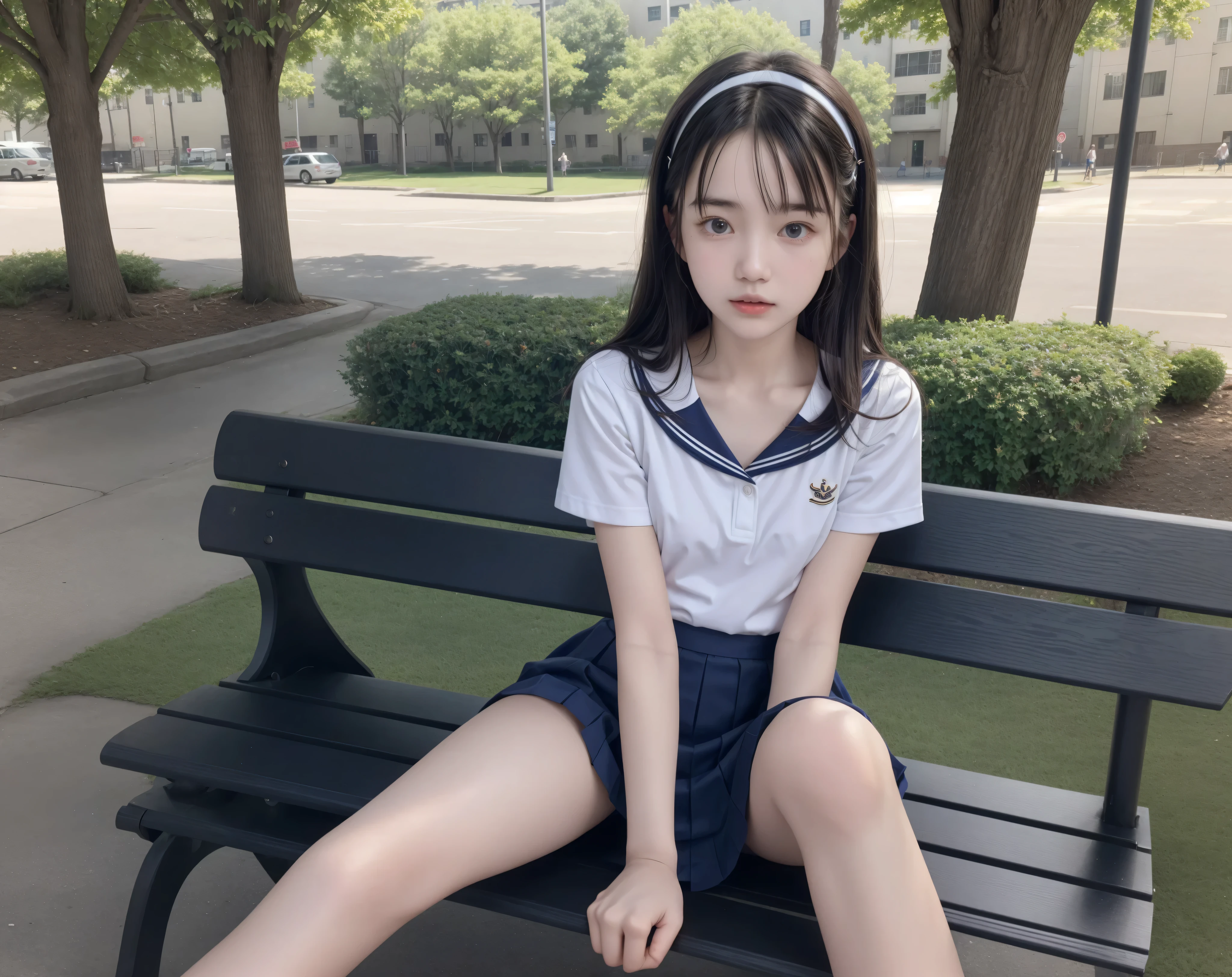 20 years old,cute girls,かわいいyounger女の子,slender,Skinny,short,skinny,slender body,Low body weight,younger,cute hairpins,sailor suit cosplay, navy blue skirt,with your whole body bent down,sitting on a park bench by an expert,small breasts,japanese,Narrow Shoulder,sound effects,dark hair