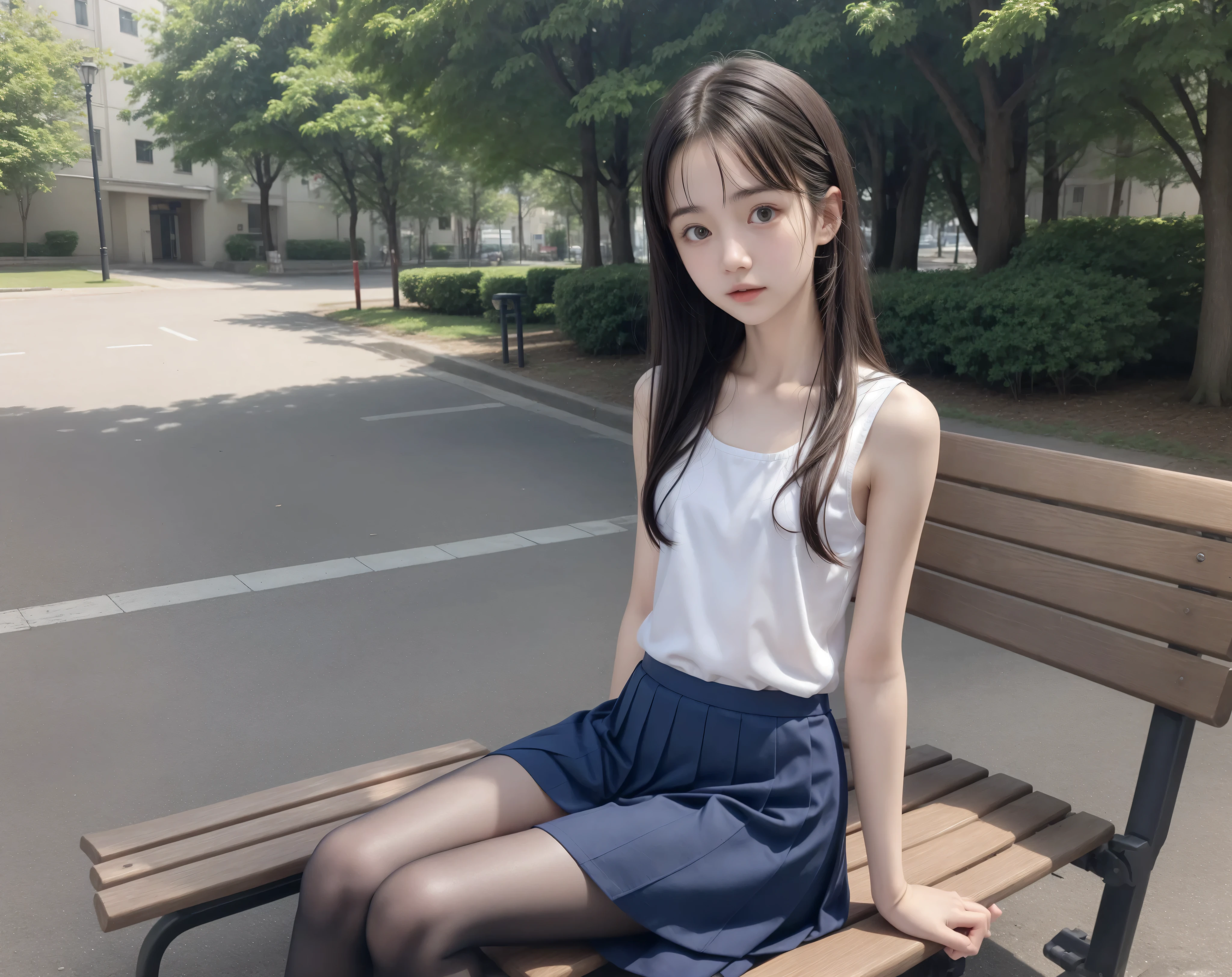 20 years old,cute girls,かわいいyounger女の子,slender,Skinny,short,skinny,slender body,Low body weight,younger,cute hairpins,sailor suit cosplay, navy blue skirt,with your whole body bent down,sitting on a park bench by an expert,small breasts,japanese,Narrow Shoulder,sound effects,dark hair