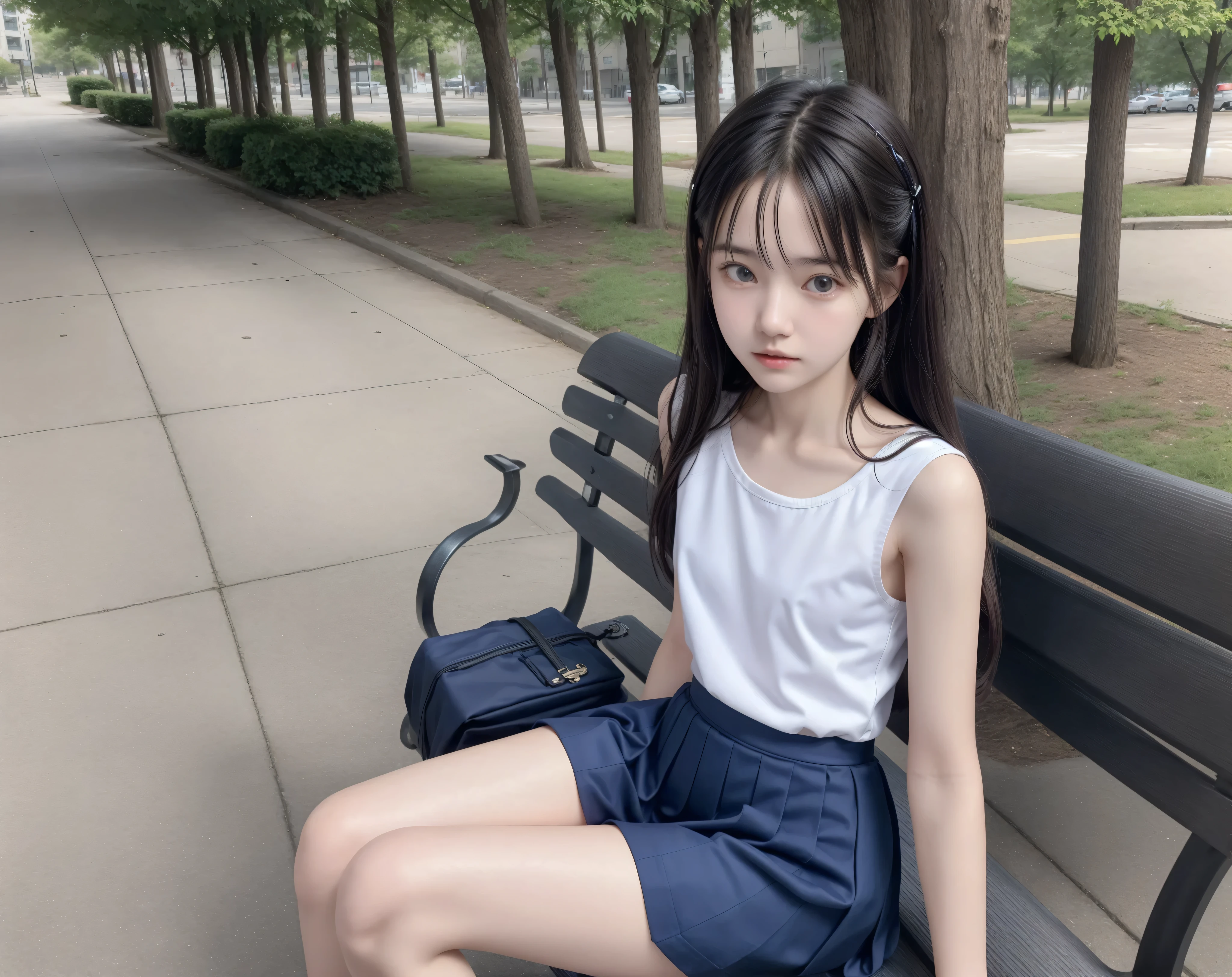 20 years old,cute girls,かわいいyounger女の子,slender,Skinny,short,skinny,slender body,Low body weight,younger,cute hairpins,sailor suit cosplay, navy blue skirt,with your whole body bent down,sitting on a park bench by an expert,small breasts,japanese,Narrow Shoulder,sound effects,dark hair