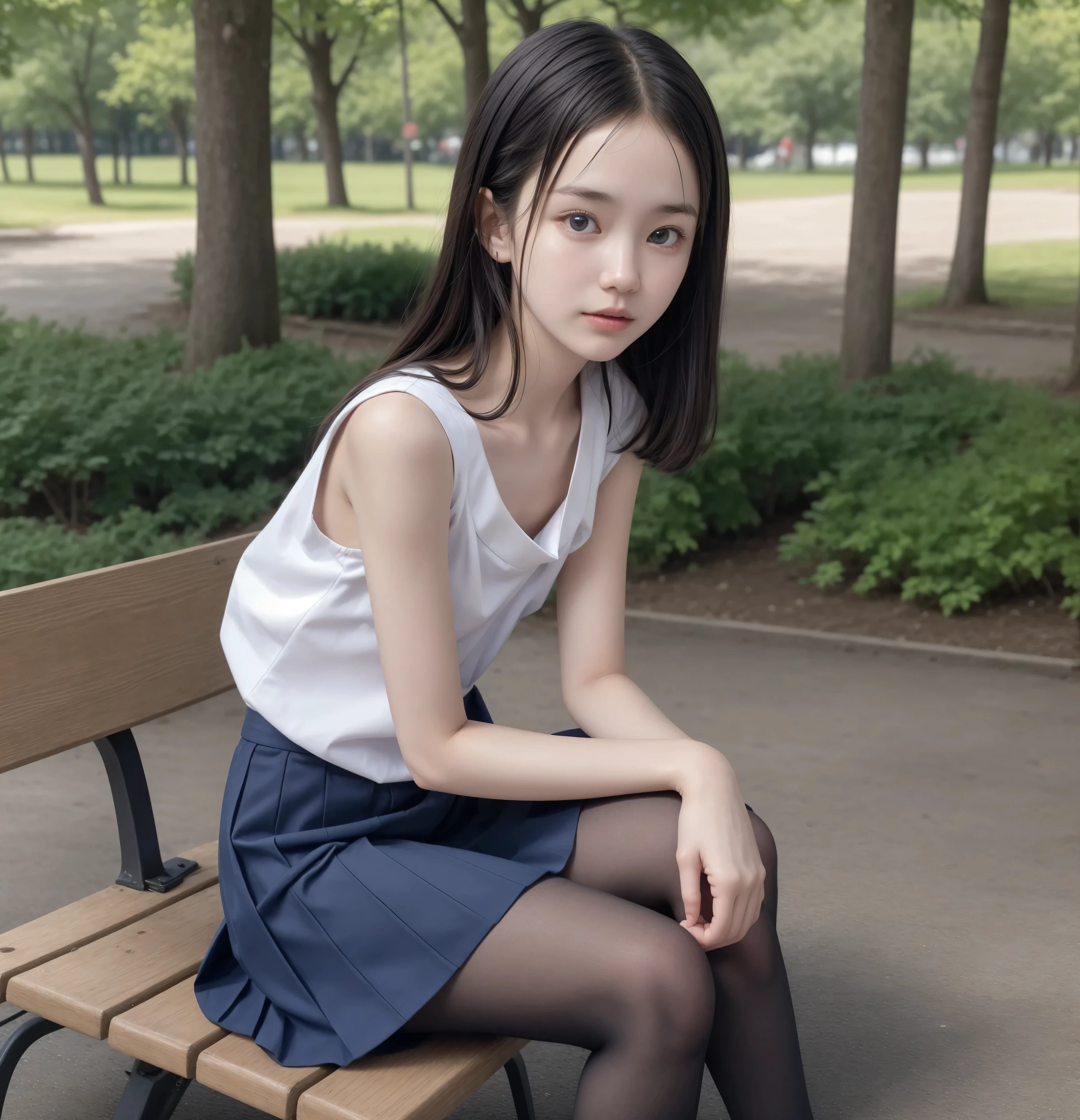 20 years old,cute girls,かわいいyounger女の子,slender,Skinny,short,skinny,slender body,Low body weight,younger,cute hairpins,sailor suit cosplay, navy blue skirt,with your whole body bent down,sitting on a park bench by an expert,small breasts,japanese,Narrow Shoulder,sound effects,dark hair