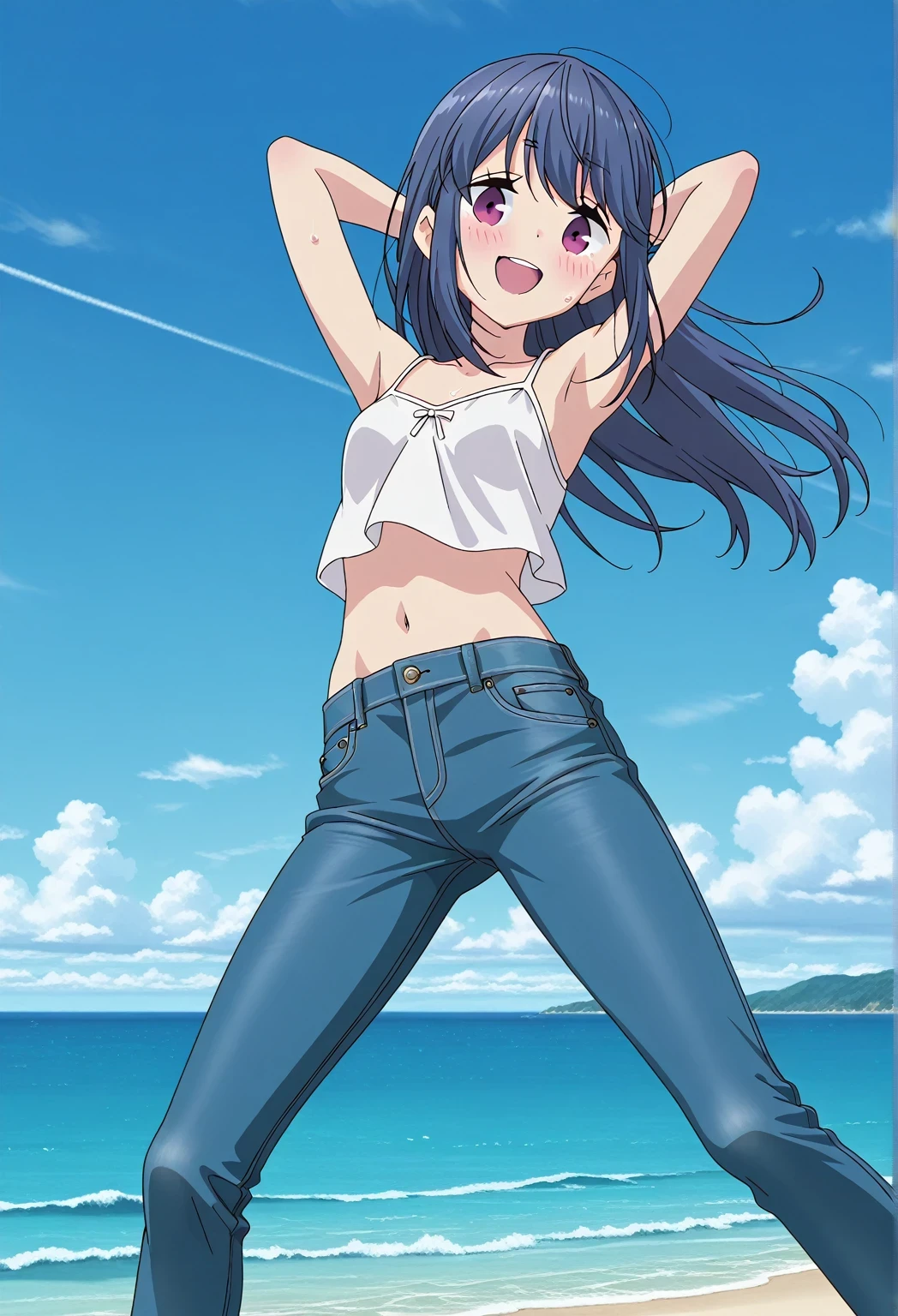score_9, score_8_up, score_7_up, source_anime, highres, hi res, ((best quality, top quality, perfect quality, Highest Quality, amazing quality)), {{masterpiece}}, {{an extremely delicate and beautiful}}, 2d, intricate details, official style, anime, 8k, anime style, official_anime, official art, digital painting, cell shading, soft shading, high resolution, soothing tones, Subdued Color, Soft cinematic light, adobe lightroom, photolab, HDR, intricately and hyper-detailed, ((high quality animation)), 1 girl, Alone, solo, ((ocean)), tsunami, on the water, day, sunny, outdoors, sky, windy, rin shima, Yurucamp, blue hair, purple eyes, long hair, sidelocks, anime screencap, small breasts, white camisole top, crop top, white crop top, best quality, hyper-detailed jeans, ((blue jeans:1.9)), (dark blue jeans:0.6), full medium body, medium shot, Open mouth, smiling, happy face, blush, sweat, standing, ((arms behind head:6.0)), bowlegged, jumping pose, action, looking at viewer, spread legs, Bend knees slightly, straight-on front view
