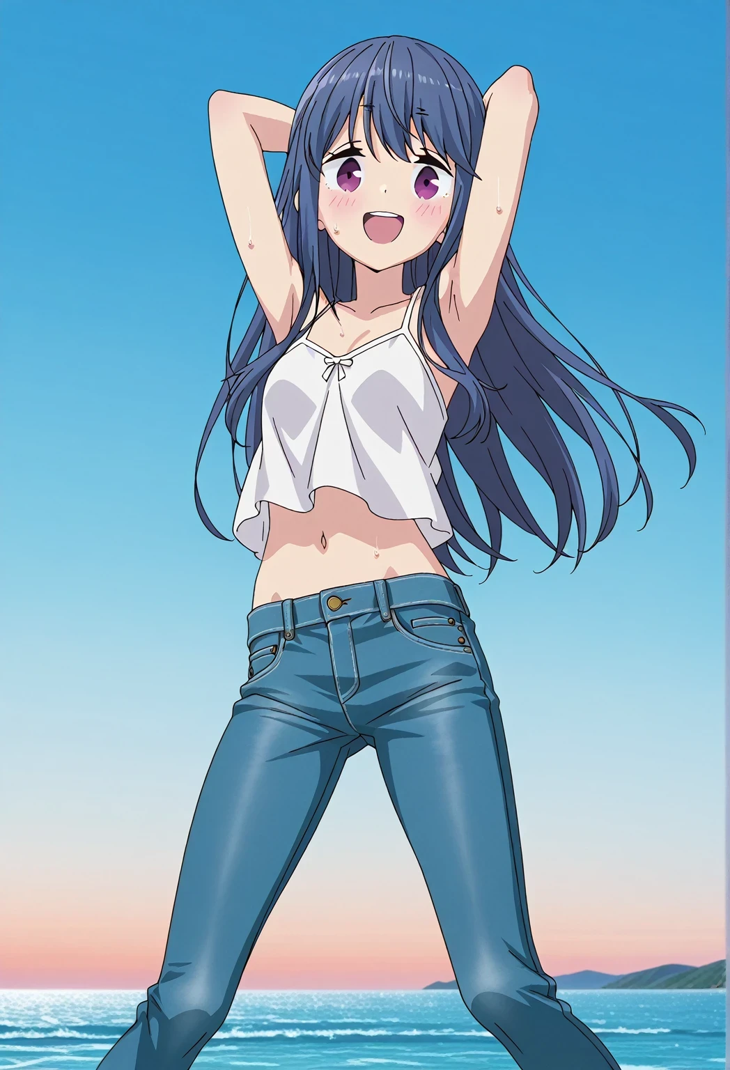 score_9, score_8_up, score_7_up, source_anime, highres, hi res, ((best quality, top quality, perfect quality, Highest Quality, amazing quality)), {{masterpiece}}, {{an extremely delicate and beautiful}}, 2d, intricate details, official style, anime, 8k, anime style, official_anime, official art, digital painting, cell shading, soft shading, high resolution, soothing tones, Subdued Color, Soft cinematic light, adobe lightroom, photolab, HDR, intricately and hyper-detailed, ((high quality animation)), 1 girl, Alone, solo, ((ocean)), tsunami, on the water, day, sunny, outdoors, sky, windy, rin shima, Yurucamp, blue hair, purple eyes, long hair, sidelocks, anime screencap, small breasts, white camisole top, crop top, white crop top, best quality, hyper-detailed jeans, ((blue jeans:1.9)), (dark blue jeans:0.6), full medium body, medium shot, Open mouth, smiling, happy face, blush, sweat, standing, ((arms behind head:6.0)), bowlegged, jumping pose, action, looking at viewer, spread legs, Bend knees slightly, straight-on front view
