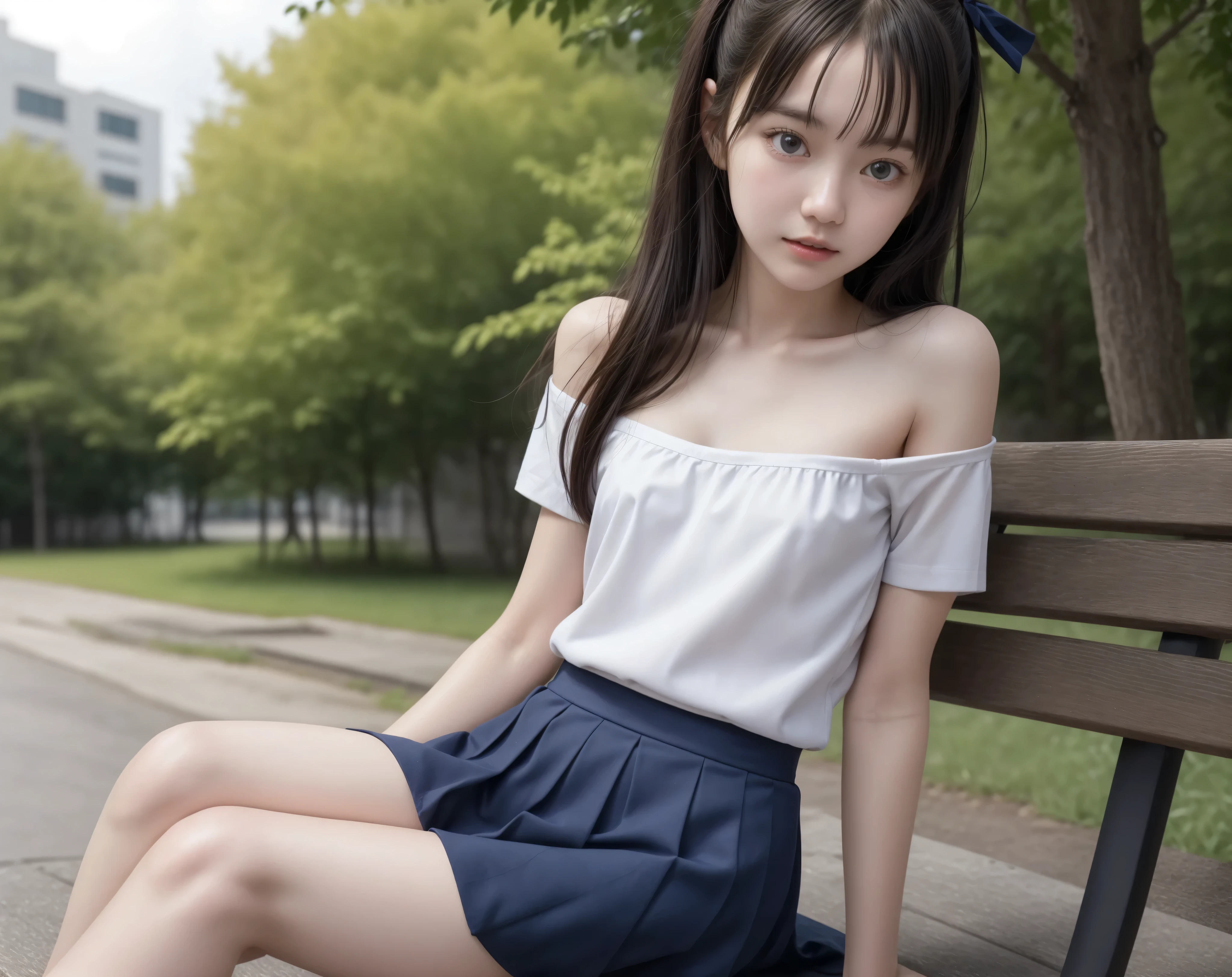 20 years old,cute girls,かわいいyounger女の子,slender,Skinny,short,skinny,slender body,Low body weight,younger,cute hairpins,sailor suit cosplay, navy blue skirt,with your whole body bent down,sitting on a park bench by an expert,small breasts,japanese,Narrow Shoulder,sound effects,dark hair