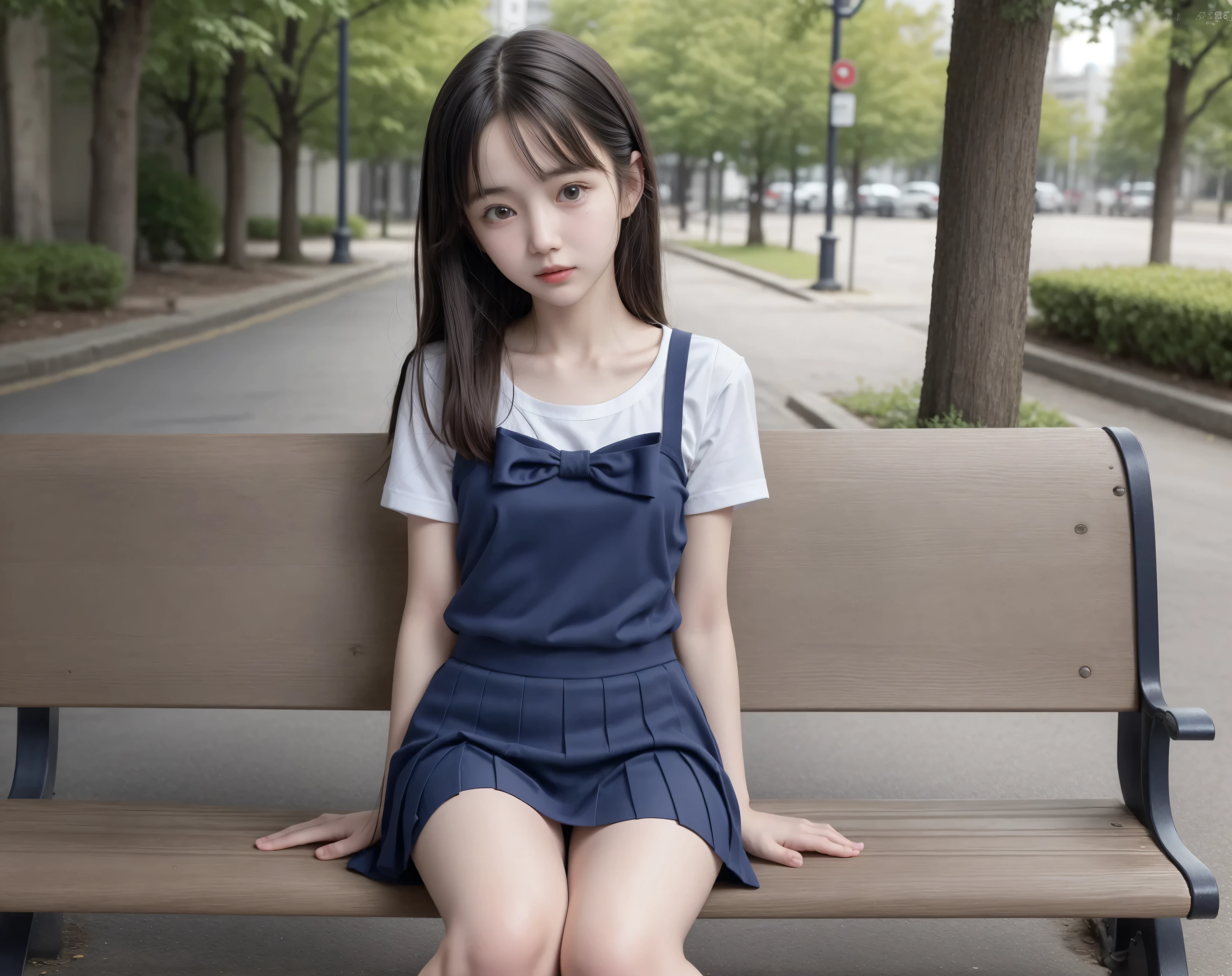 20 years old,cute girls,かわいいyounger女の子,slender,Skinny,short,skinny,slender body,Low body weight,younger,cute hairpins,sailor suit cosplay, navy blue skirt,with your whole body bent down,sitting on a park bench by an expert,small breasts,japanese,Narrow Shoulder,sound effects,dark hair
