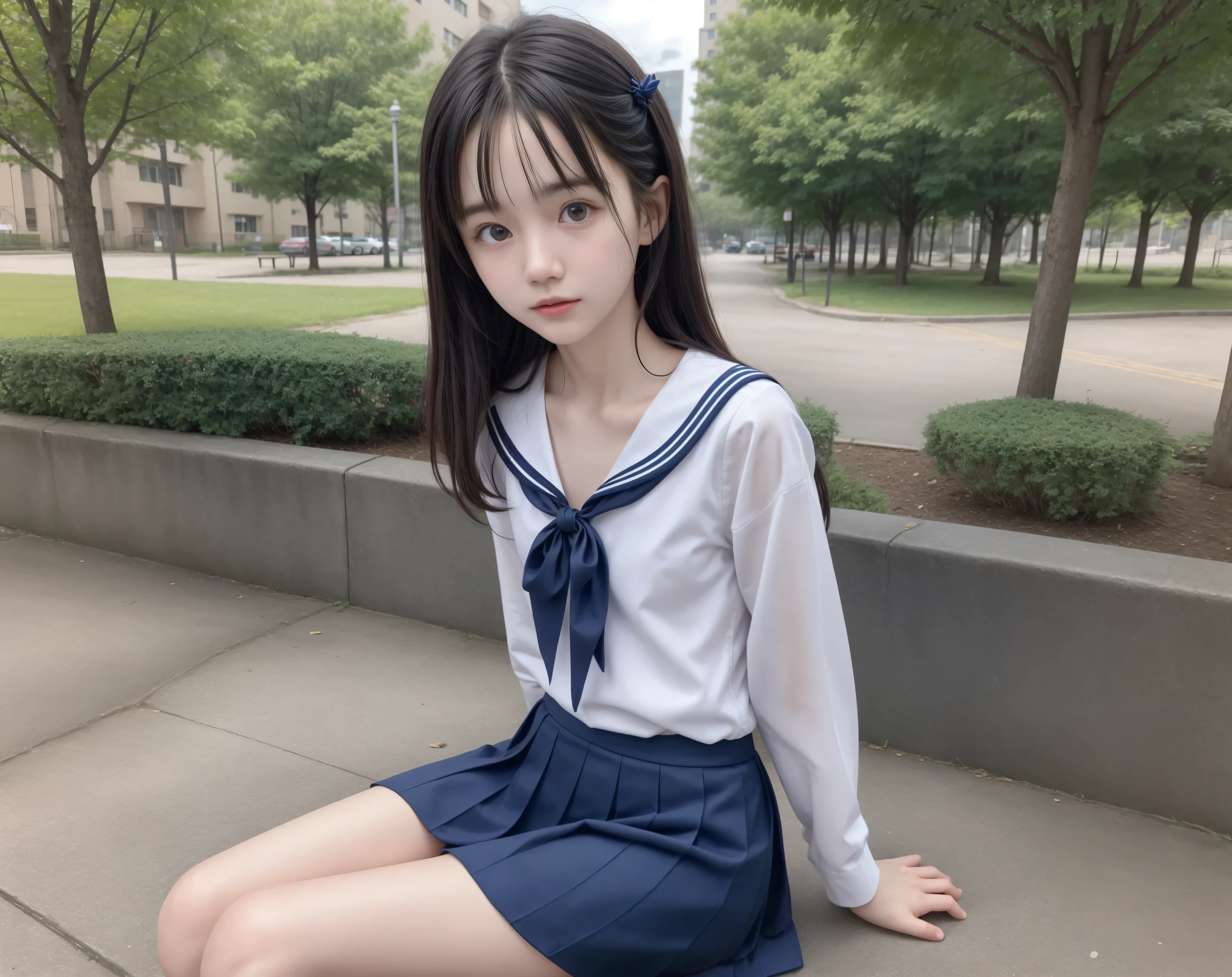 20 years old,cute girls,かわいいyounger女の子,slender,Skinny,short,skinny,slender body,Low body weight,younger,cute hairpins,sailor suit cosplay, navy blue skirt,with your whole body bent down,sitting on a park bench by an expert,small breasts,japanese,Narrow Shoulder,sound effects,dark hair