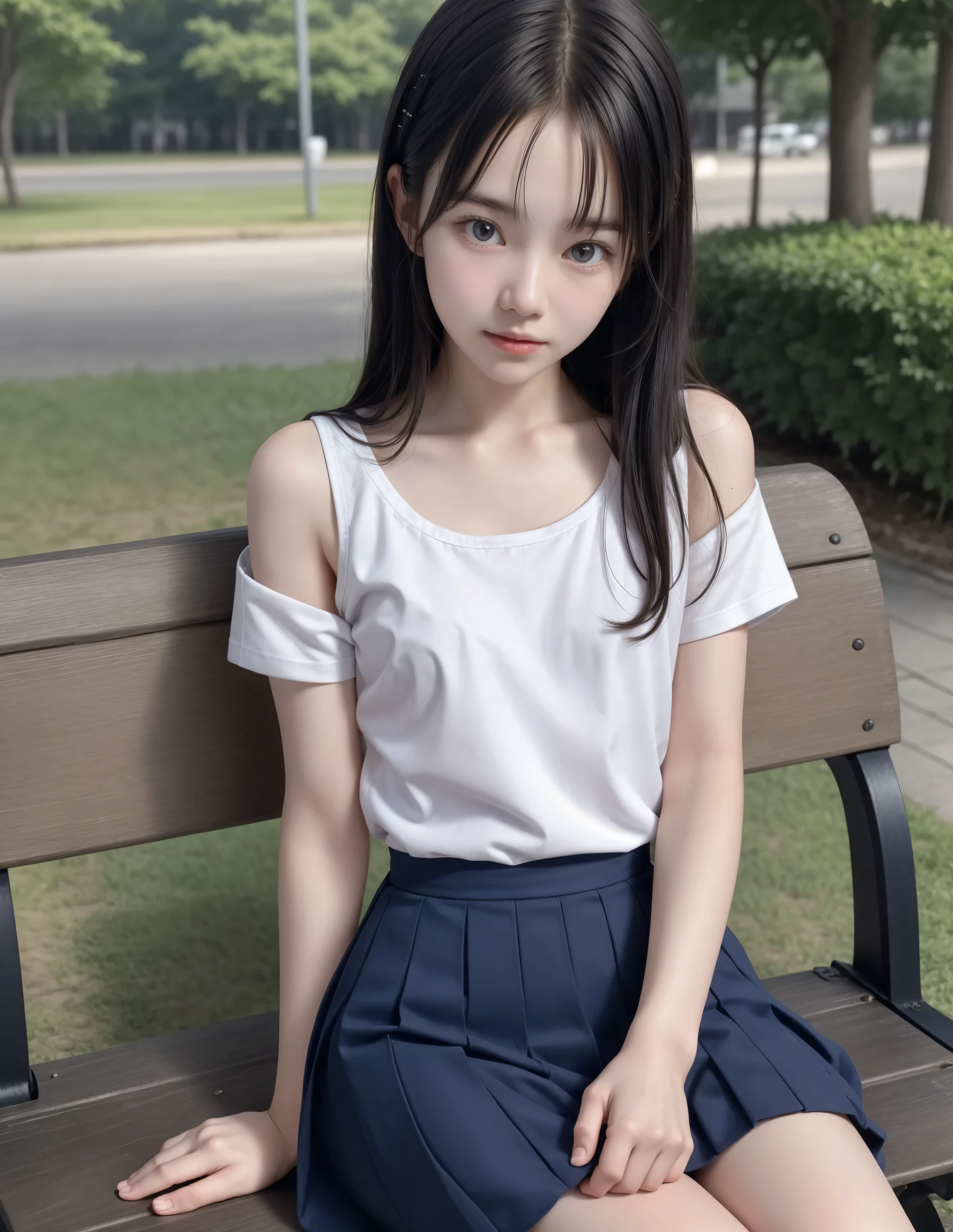 20 years old,cute girls,かわいいyounger女の子,slender,Skinny,short,skinny,slender body,Low body weight,younger,cute hairpins,sailor suit cosplay, navy blue skirt,with your whole body bent down,sitting on a park bench by an expert,small breasts,japanese,Narrow Shoulder,sound effects,dark hair
