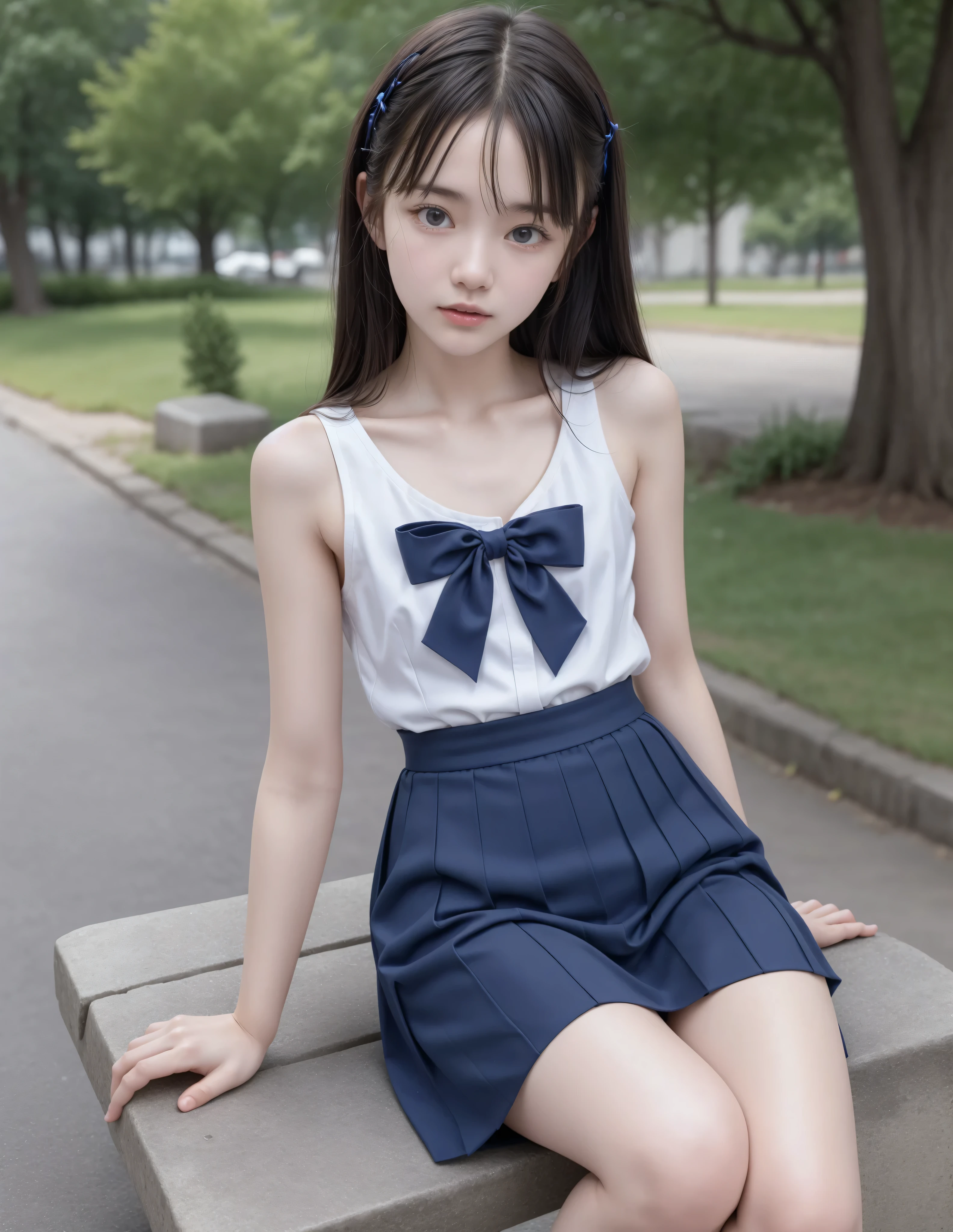 20 years old,cute girls,かわいいyounger女の子,slender,Skinny,short,skinny,slender body,Low body weight,younger,cute hairpins,sailor suit cosplay, navy blue skirt,with your whole body bent down,sitting on a park bench by an expert,small breasts,japanese,Narrow Shoulder,sound effects,dark hair