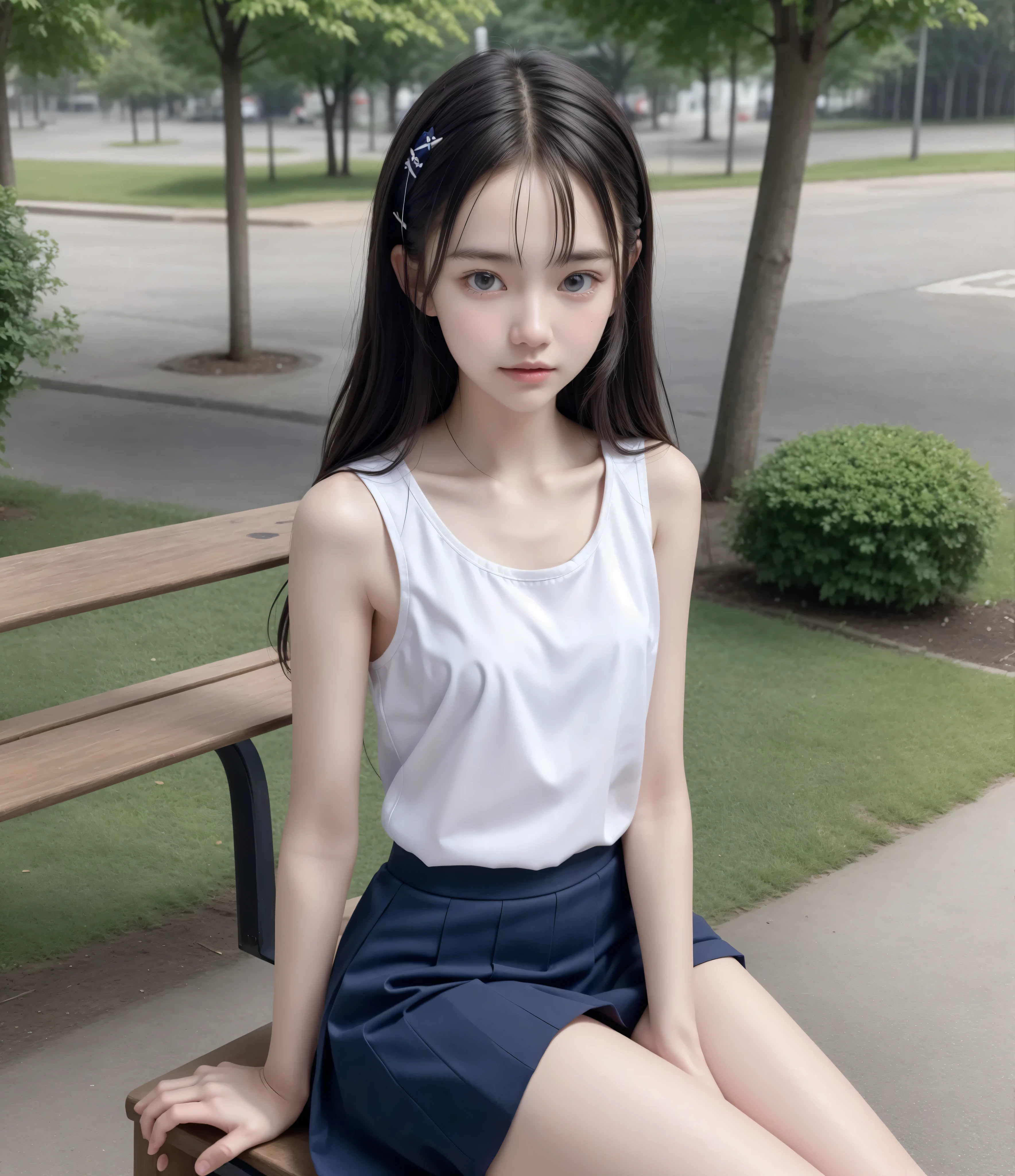 20 years old,cute girls,かわいいyounger女の子,slender,Skinny,short,skinny,slender body,Low body weight,younger,cute hairpins,sailor suit cosplay, navy blue skirt,with your whole body bent down,sitting on a park bench by an expert,small breasts,japanese,Narrow Shoulder,sound effects,dark hair