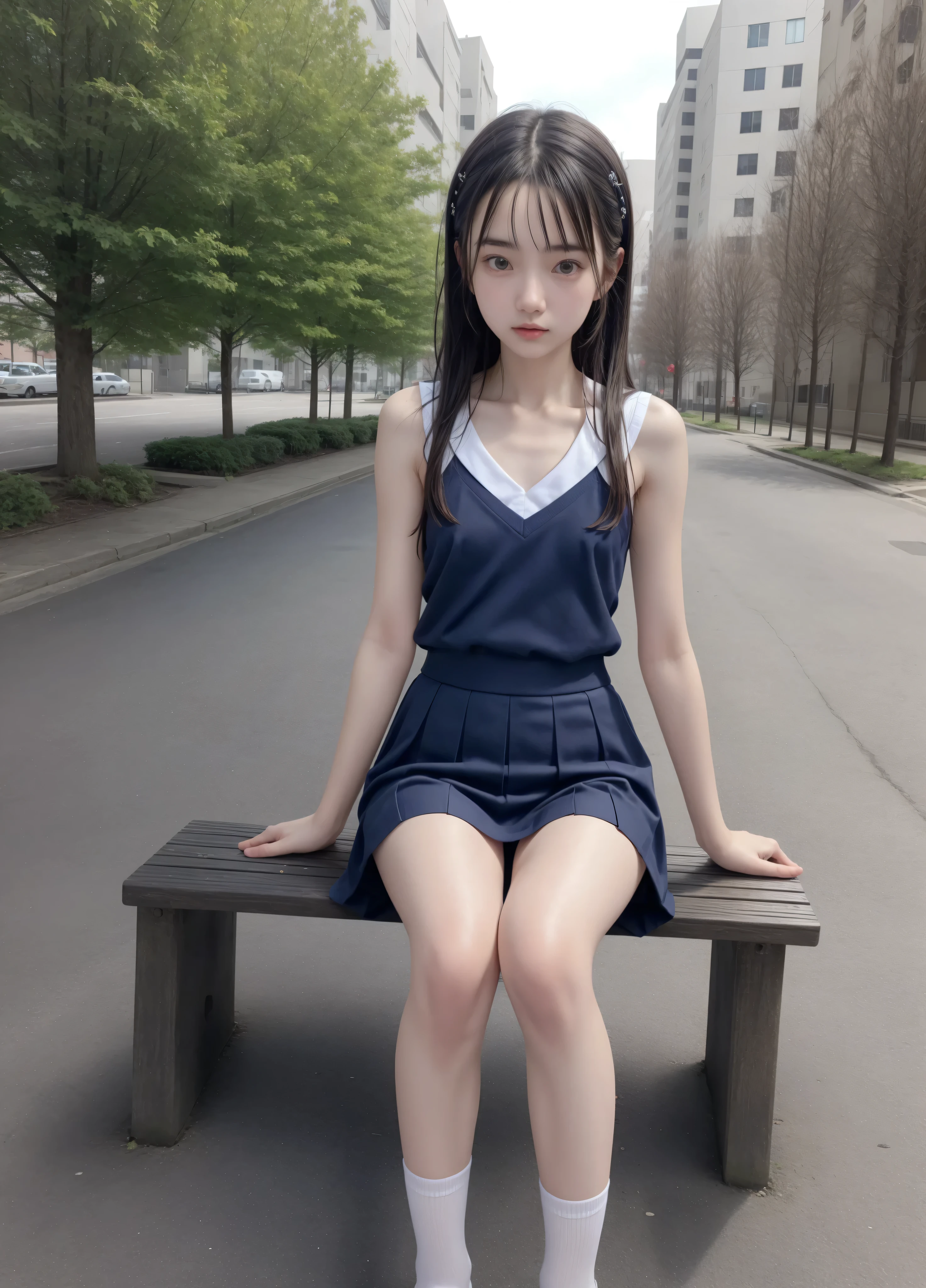 20 years old,cute girls,かわいいyounger女の子,slender,Skinny,short,skinny,slender body,Low body weight,younger,cute hairpins,sailor suit cosplay, navy blue skirt,with your whole body bent down,sitting on a park bench by an expert,small breasts,japanese,Narrow Shoulder,sound effects,dark hair