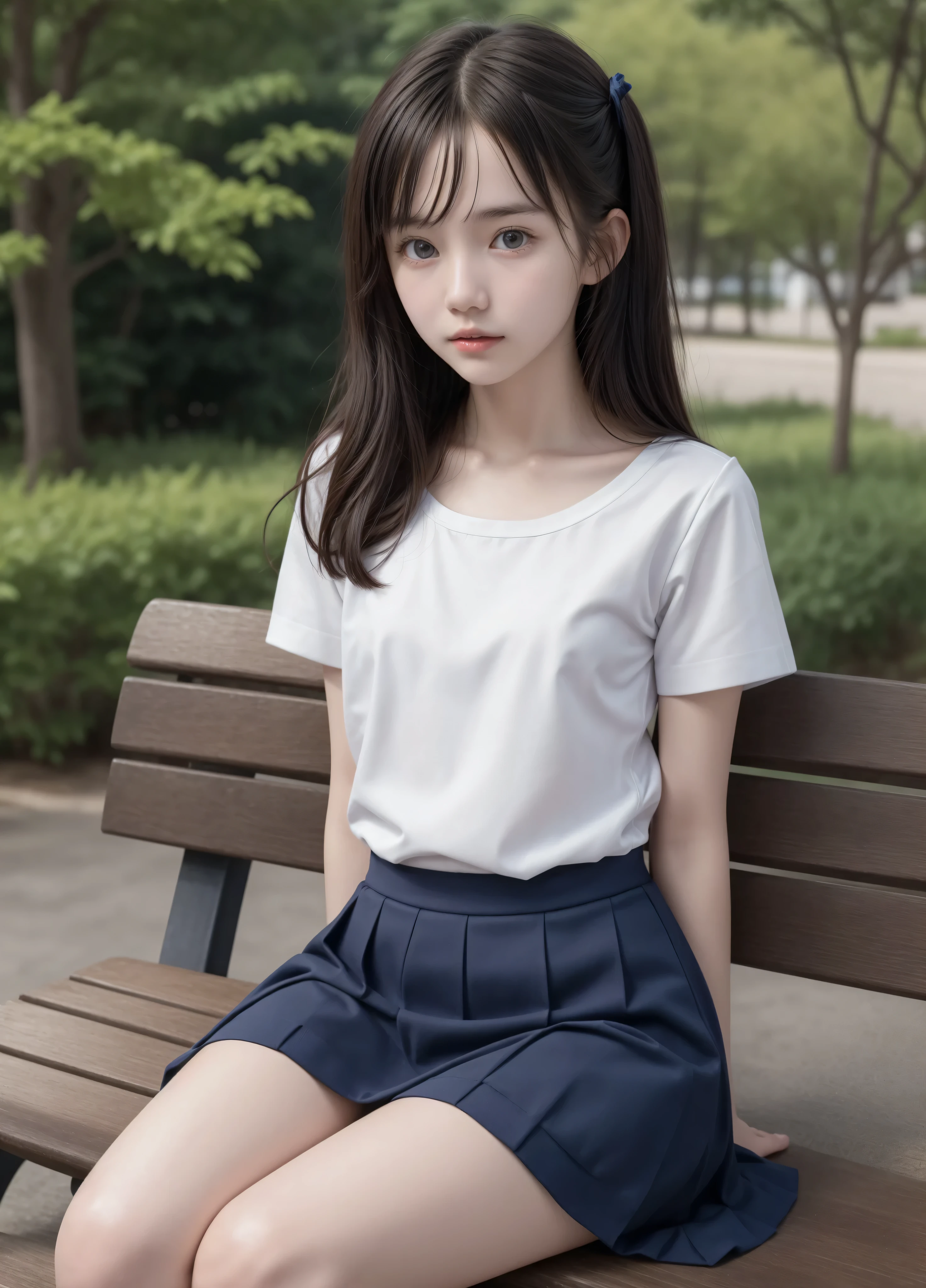 20 years old,cute girls,かわいいyounger女の子,slender,Skinny,short,skinny,slender body,Low body weight,younger,cute hairpins,sailor suit cosplay, navy blue skirt,with your whole body bent down,sitting on a park bench by an expert,small breasts,japanese,Narrow Shoulder,sound effects,dark hair