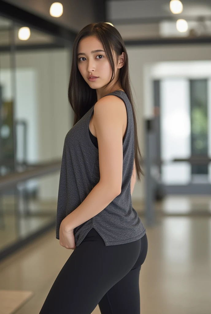 (detailed face),(),normal ,pretty,sleeveless and turtle neck gray clothes,stairs,4k ,super high resolution ,(photo-realistic: 1.7),white background,long hair,