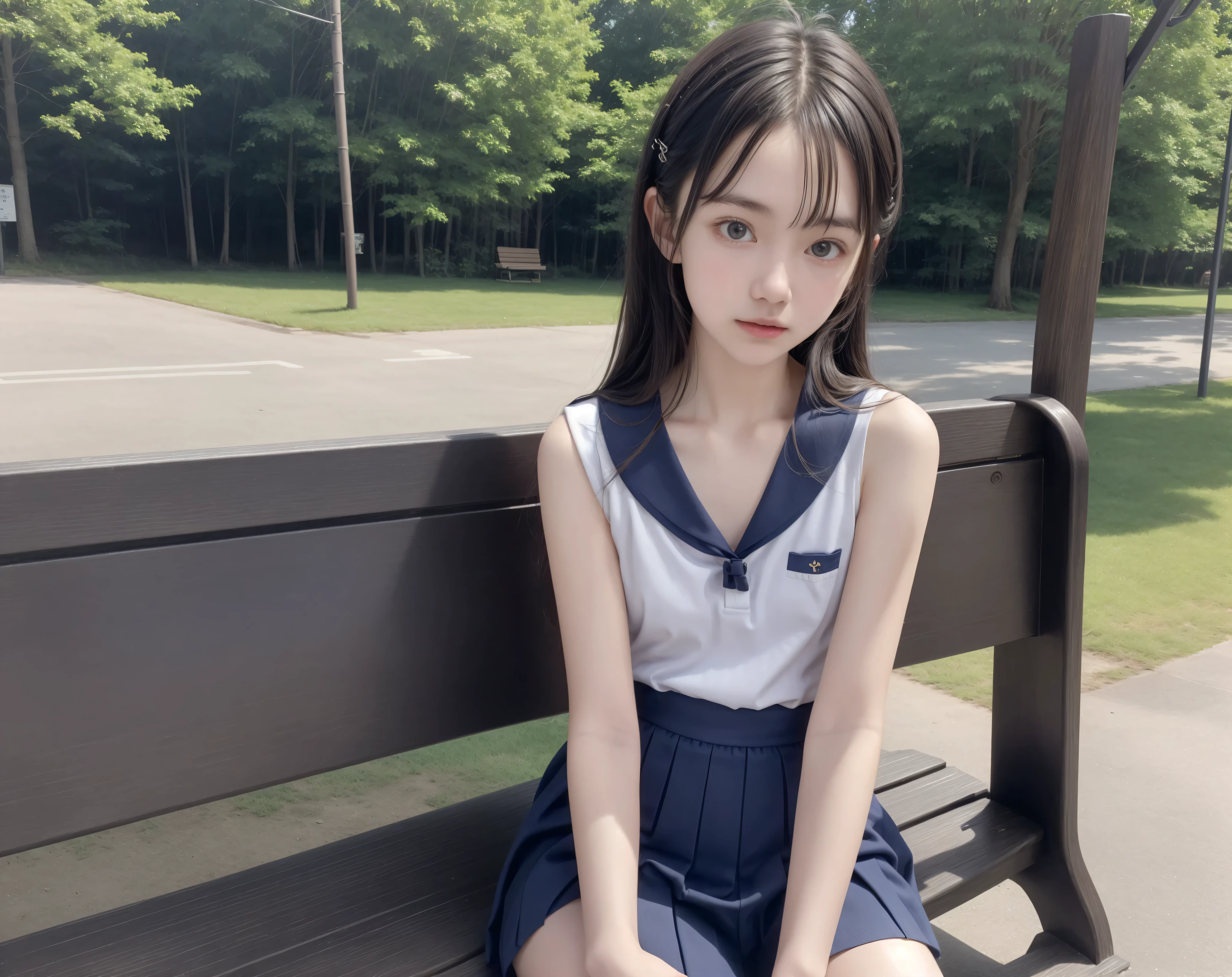 20 years old,cute girls,かわいいyounger女の子,slender,Skinny,short,skinny,slender body,Low body weight,younger,cute hairpins,sailor suit cosplay, navy blue skirt,with your whole body bent down,sitting on a park bench by an expert,small breasts,japanese,Narrow Shoulder,sound effects,dark hair