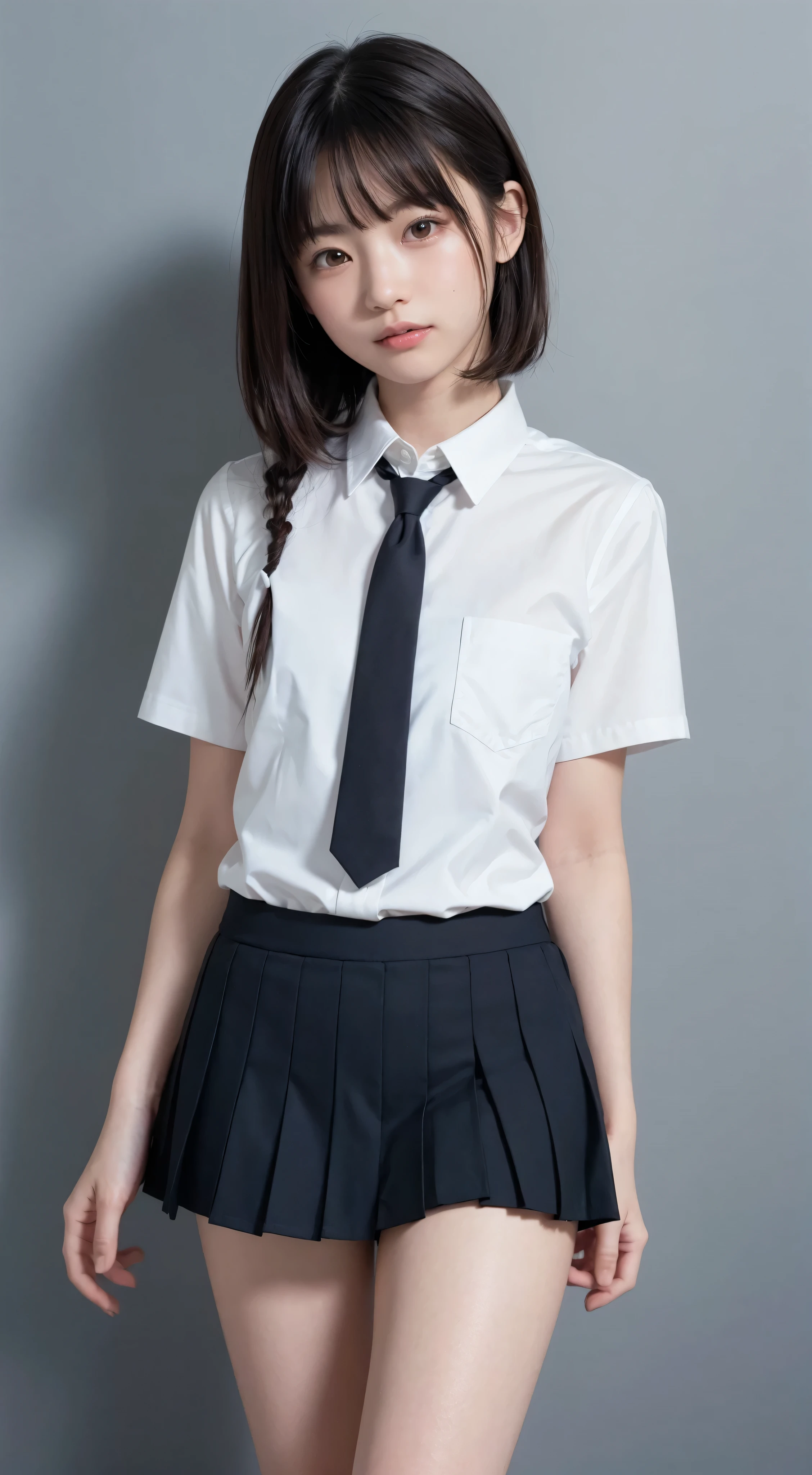 soft lights,(japanese)), (((front in the sky, Age 15))), (Deep Synthesis ), Extremely high resolution, (authentic: 1.4), Original photo, ((School Uniform, collared shirt, white shirt, Short sleeve, necktie, shortスカート)), smiley face n ,small breasts,skinny,slender,short,slender body,younger,かわいいyounger女の子,Narrow Shoulder,with your whole body bent down,japanese,best image quality,violently,dark hair