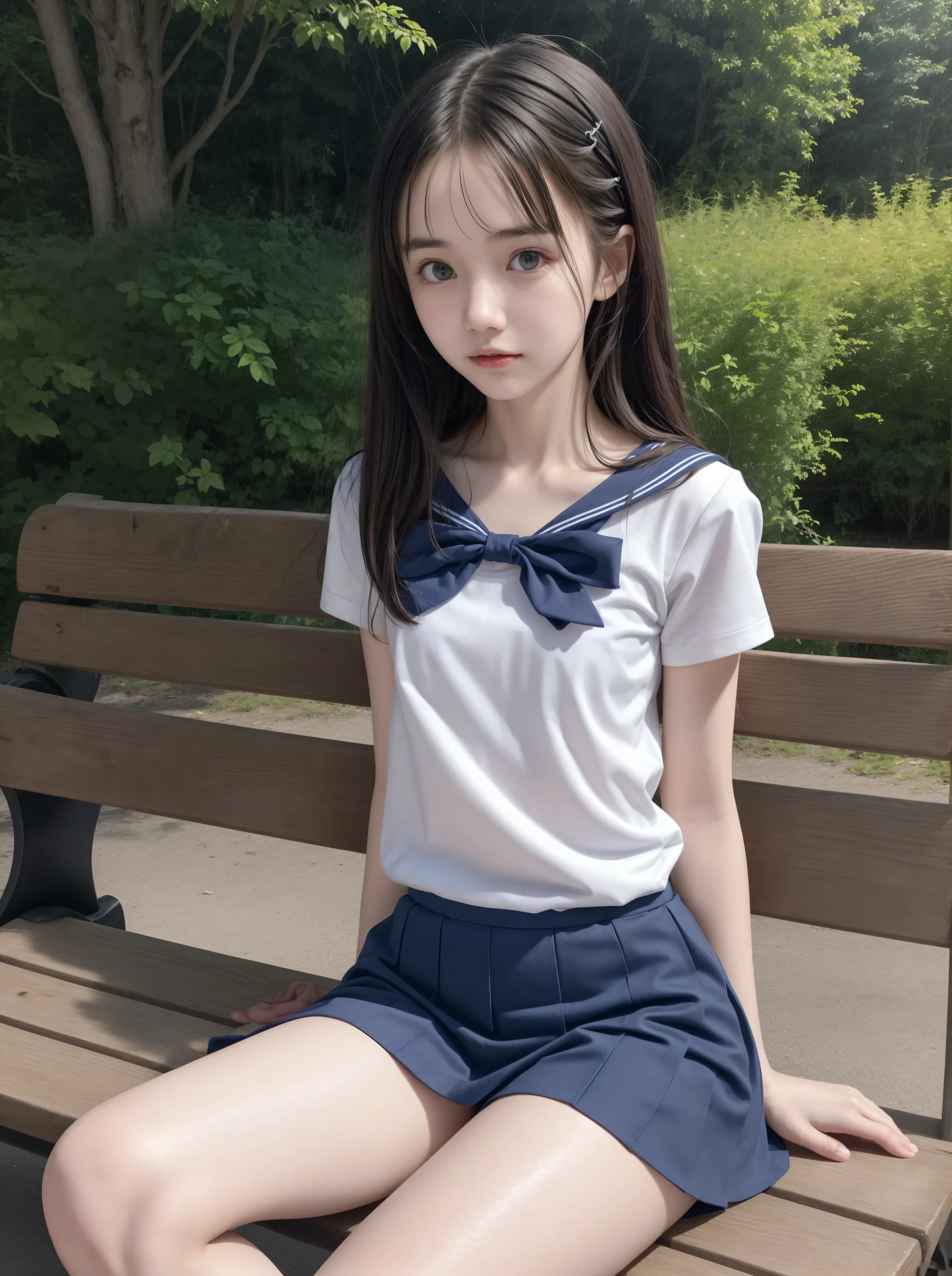 20 years old,cute girls,かわいいyounger女の子,slender,Skinny,short,skinny,slender body,Low body weight,younger,cute hairpins,sailor suit cosplay, navy blue skirt,with your whole body bent down,sitting on a park bench by an expert,small breasts,japanese,Narrow Shoulder,sound effects,dark hair