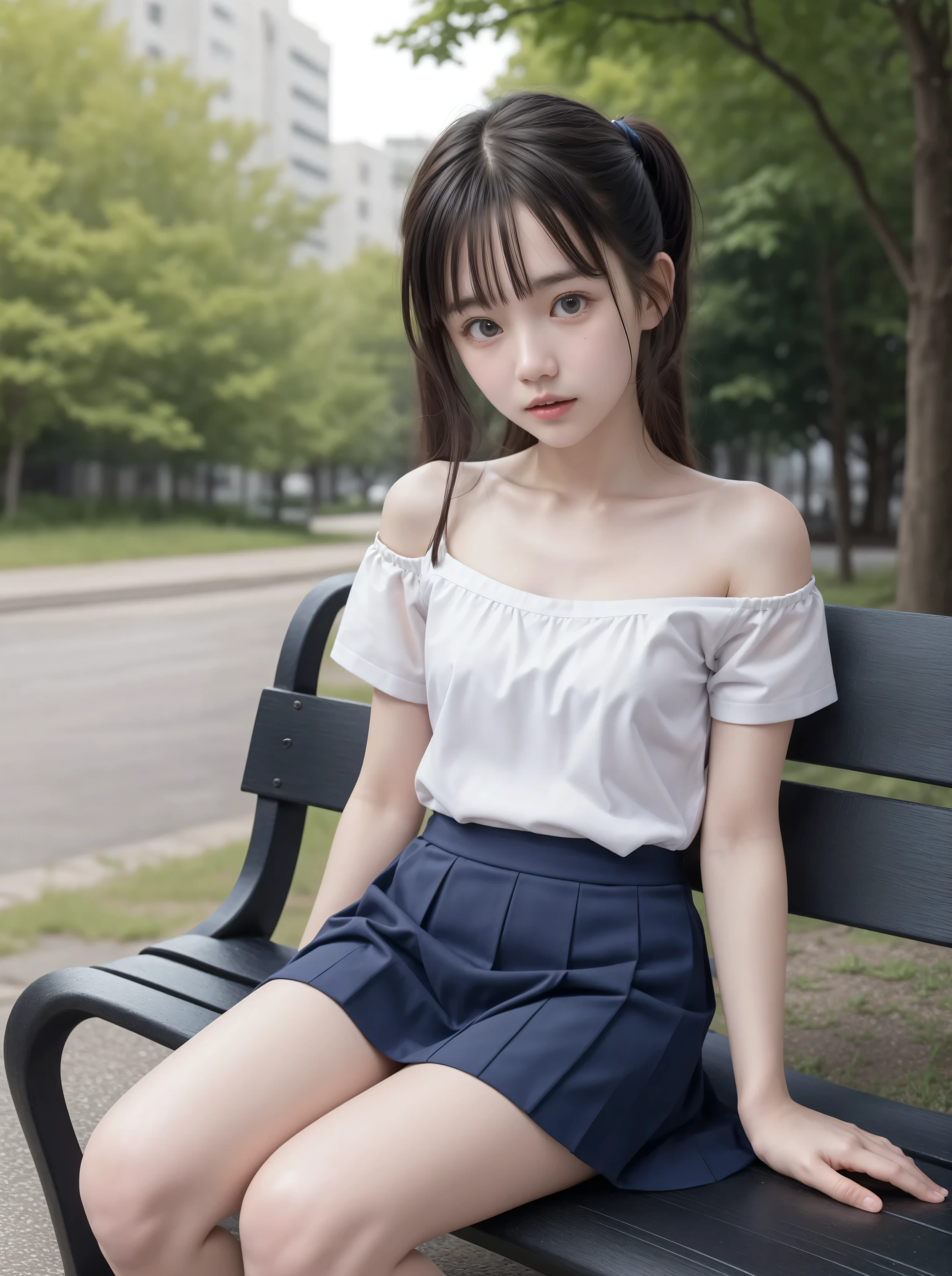 20 years old,cute girls,かわいいyounger女の子,slender,Skinny,short,skinny,slender body,Low body weight,younger,cute hairpins,sailor suit cosplay, navy blue skirt,with your whole body bent down,sitting on a park bench by an expert,small breasts,japanese,Narrow Shoulder,sound effects,dark hair
