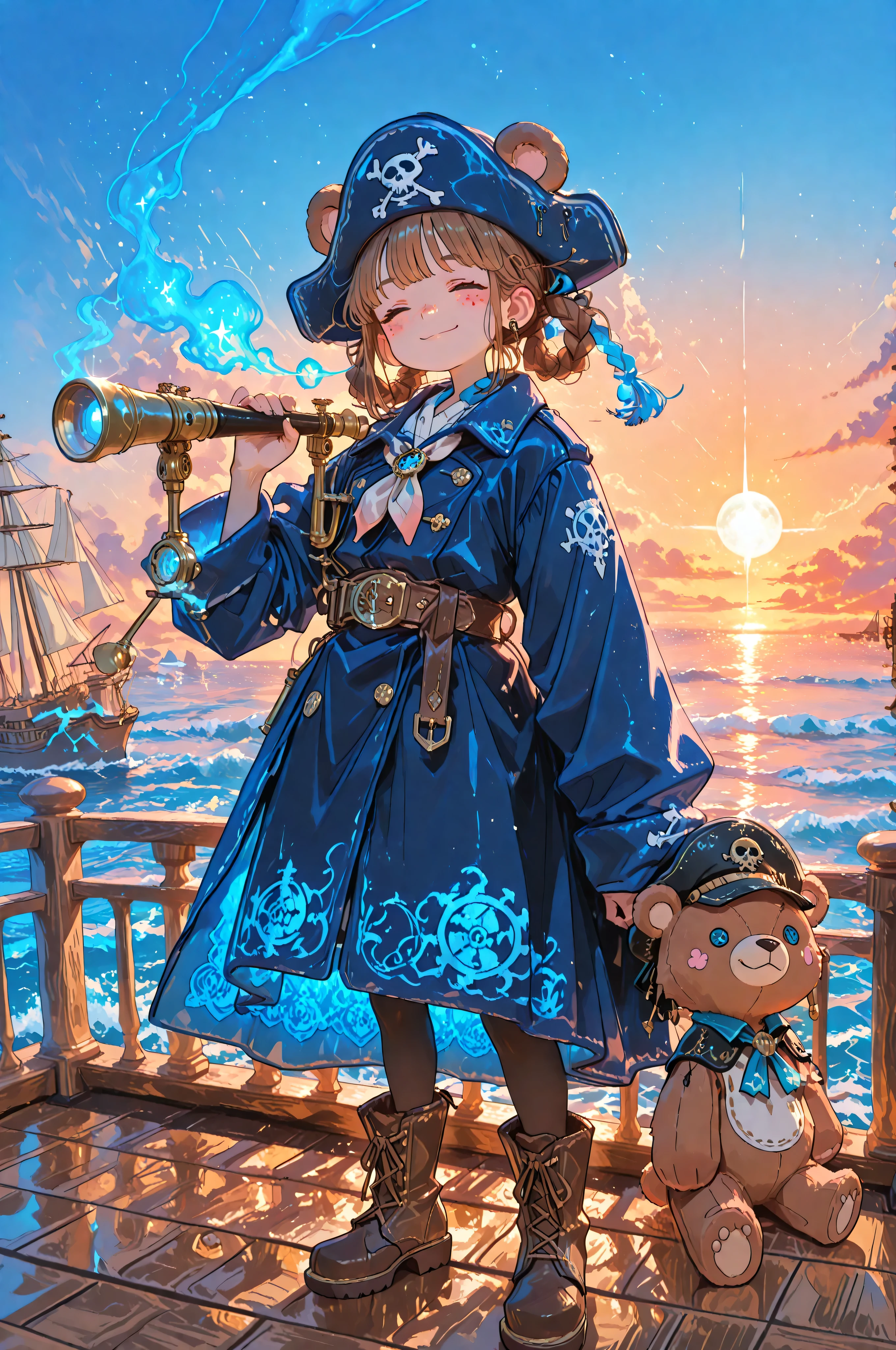 masterpiece, Highest Quality, Ultra-high definition
A woman with brown hair and bear ears , playful smile, braid hairstyle, Freckles on cheeks, large round brown bear ears on the head, bear ears are pink and hairy on the inside, clearly visible animal ears, bear ears sticking out of the hat, blue and black triangular pirate hat(with large ear holes), A pirate flag painted on a hat, blue captain's coat with embroidered stars and moon patterns, wide brown leather belt wrapped around the waist, silver compass buckle, black tights for hypnosis, Lace-up Boots, A figure standing on a wooden deck, Man steering the ship, Her coat and hair blowing in the wind, vast blue sea, Waves rolling out to the horizon, A steampunk pirate ship, The ship's hull decorated with gears and brass, Brass telescope held in one hand, sea surface dyed in the sunset, A fantastic sky shone with streaks of light ,at dusk, The moon and stars in the distance , Another ship visible on the horizon, blue light trails emitted from ship cannons, worldview where steampunk and pirates are fused, View from the deck, Detailed ship deck, Polished wood texture, Warm Colors, Two sailors with stuffed bears are standing at their feet, Adventurous Atmosphere