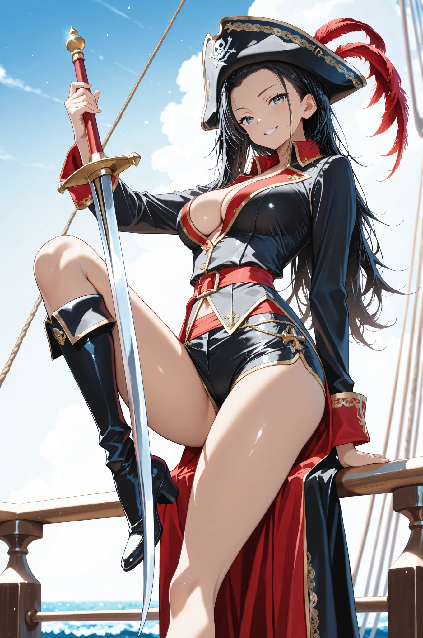 One Girl、Perfect functionality, (masterpiece), (Highest quality:1.4), High resolution、low length、A cheerful smile、Wavy long hair,  Armor、Plein Air、(whole body:1.4)、Standing posture、sword, Cape