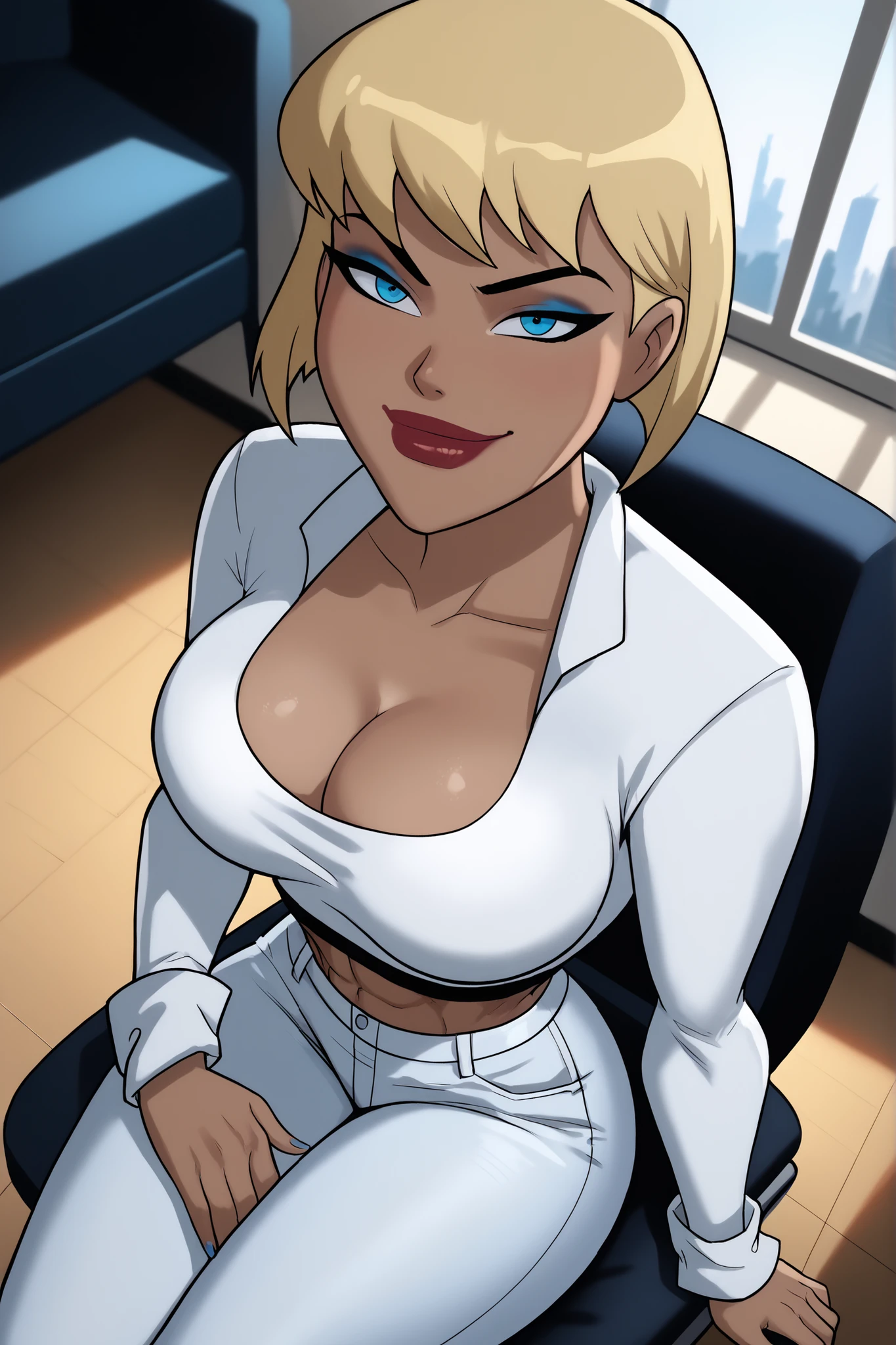 BREAK, score_6_up, score_7_up, score_8_up, score_9, g4l4t3a, 1girl, solo, short hair, bangs, blue eyes, blonde hair, lipstick, makeup, dark skin, dark-skinned female, large breasts, busty, cleavage, curvy, athletic, muscular female, looking at viewer, seducing viewer, teasing viewer, seductive expression, smiling, closed mouth, bedroom eyes, long sleeves, white leather jacket, white crop top, white jeans, indoors, bedroom, sitting in chair, closeup, portrait, upper body, high-angle view, blue eyeshadow