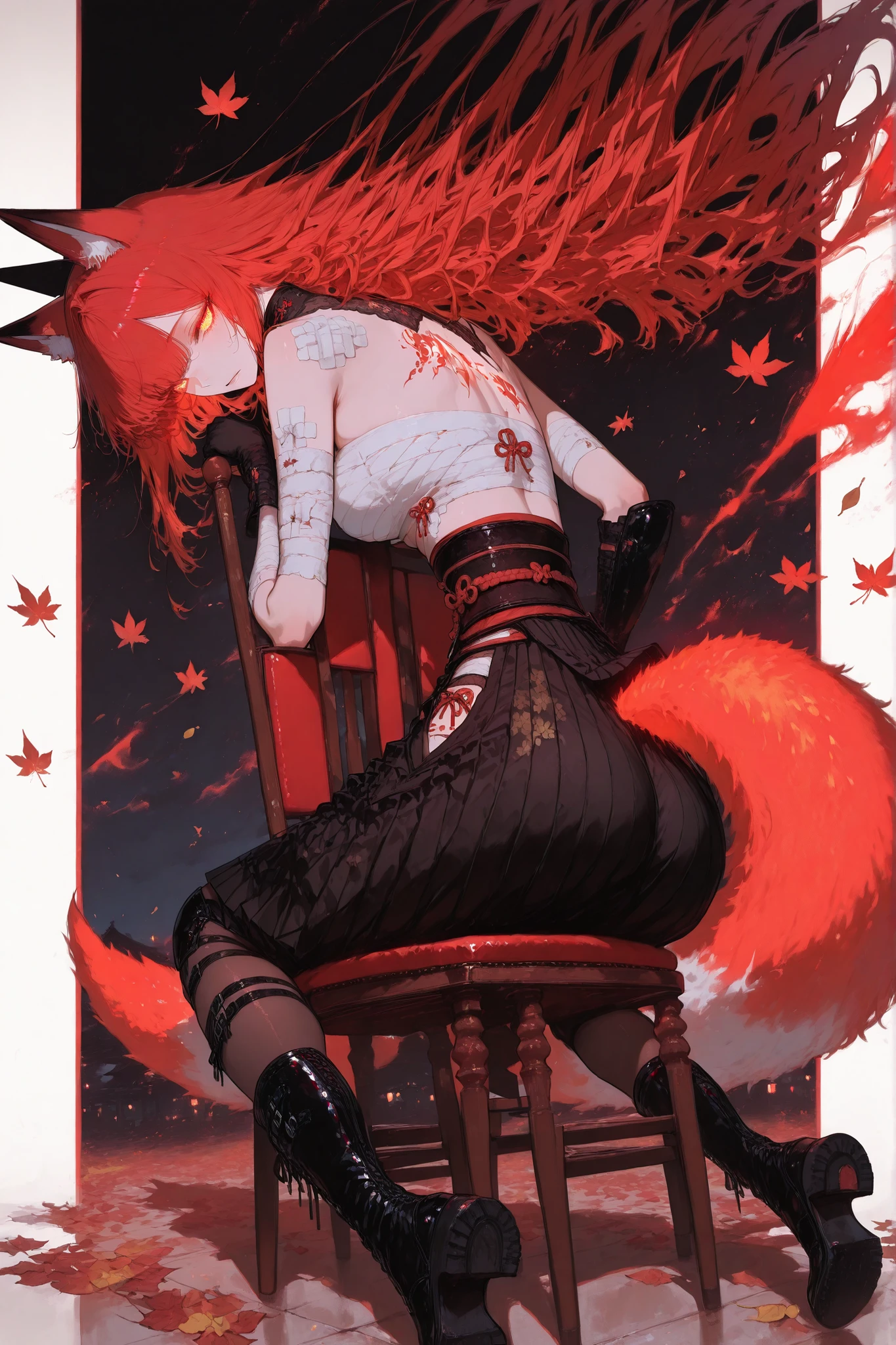 masterpiece, Cinematic Illustration, Dynamic diagonal composition, /hair.s† — <Ahairahairitsune>, Fox_ear, long_blachair_Flowing Hair, white_sarashi_top, japanese_maha's rya_Clothes, blachair_pleated_shairirt, Bandaged_arm, blachair_butt under pants, blachair_pantyhose, boots, single hairatana mid-slash, sparhairs and slicing wind, gentle furious gaze, glowing Fox eyes, swirling dust and leaves, Red Shadow Contrast, graceful and fatal beauty 
