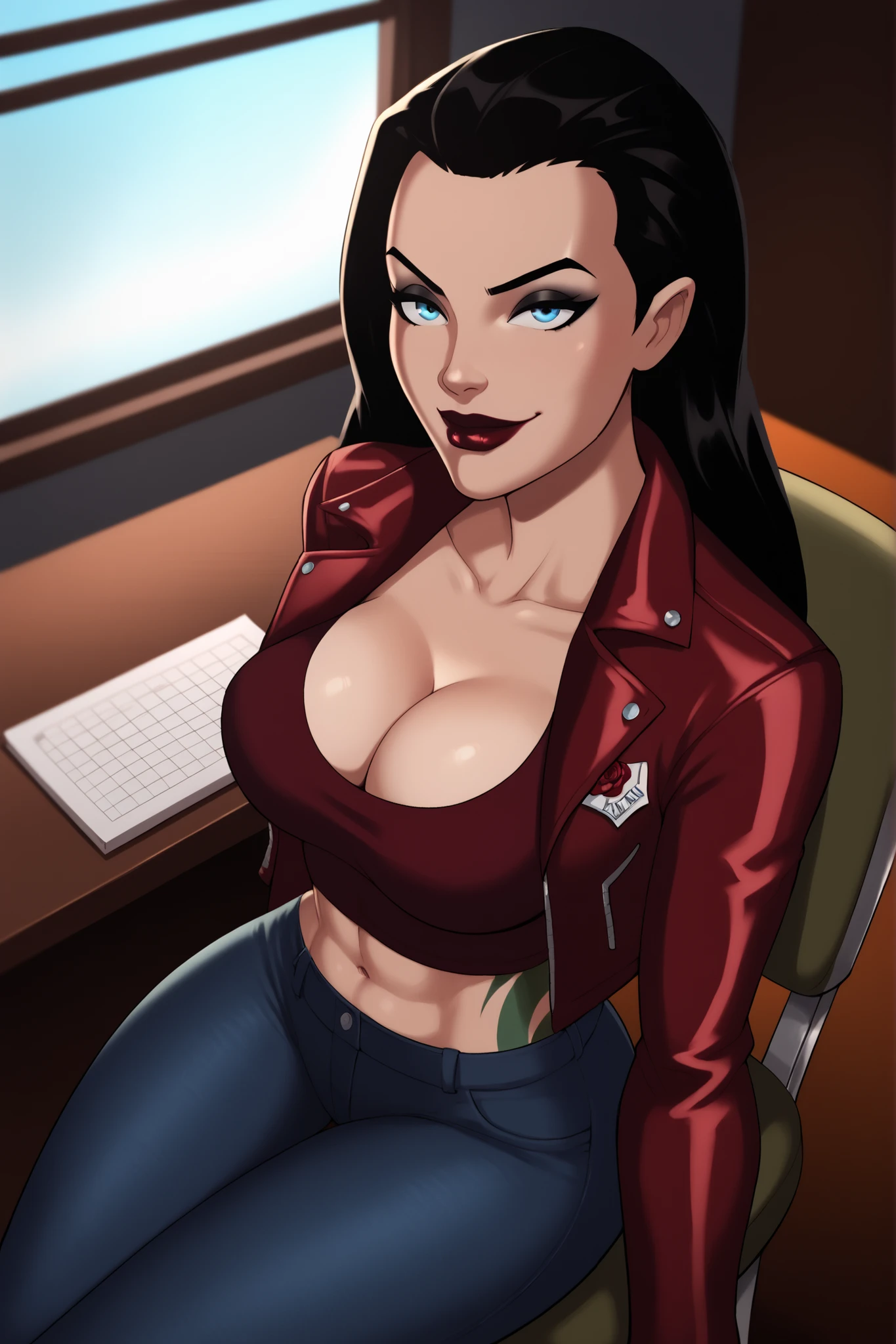 BREAK, score_9, score_8_up, score_7_up, score_6_up, Roulette, 1girl, solo, black hair, blue eyes, long hair, lipstick, makeup, , cleavage, curvy, athletic, shoulder tattoo, thigh tattoo, looking at viewer, seducing viewer, teasing viewer, smile, closed mouth, expression, bedroom eyes, busty, long sleeves, dark red leather jacket, dark red crop top, dark red jeans, indoors, bedroom, sitting in chair, portrait, closeup, upper body, high-angle view, black eyeshadow