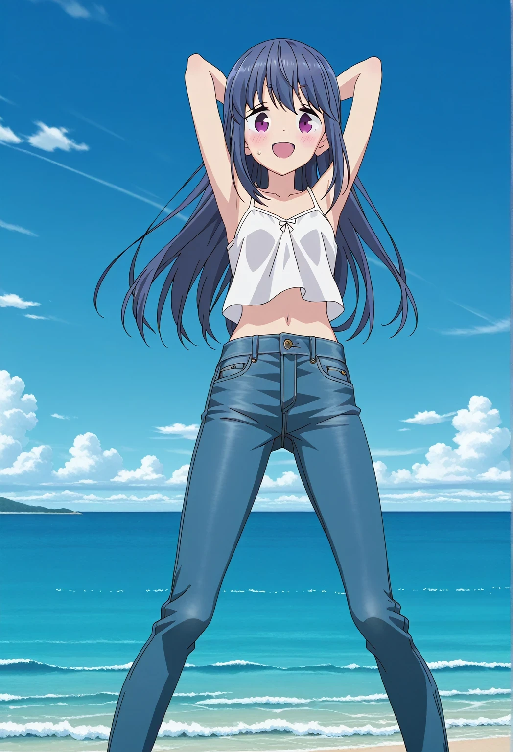 score_9, score_8_up, score_7_up, source_anime, highres, hi res, ((best quality, top quality, perfect quality, Highest Quality, amazing quality)), {{masterpiece}}, {{an extremely delicate and beautiful}}, 2d, intricate details, official style, anime, 8k, anime style, official_anime, official art, digital painting, cell shading, soft shading, high resolution, soothing tones, Subdued Color, Soft cinematic light, adobe lightroom, photolab, HDR, intricately and hyper-detailed, ((high quality animation)), 1 girl, Alone, solo, ((ocean)), tsunami, on the water, day, sunny, outdoors, sky, windy, rin shima, Yurucamp, blue hair, purple eyes, long hair, sidelocks, anime screencap, small breasts, white camisole top, crop top, white crop top, best quality, hyper-detailed jeans, ((blue jeans:1.9)), (dark blue jeans:0.6), full medium body, medium shot, Open mouth, smiling, happy face, blush, sweat, standing, ((arms behind head:6.0)), bowlegged, jumping pose, action, looking at viewer, spread legs, Bend knees slightly, straight-on front view
