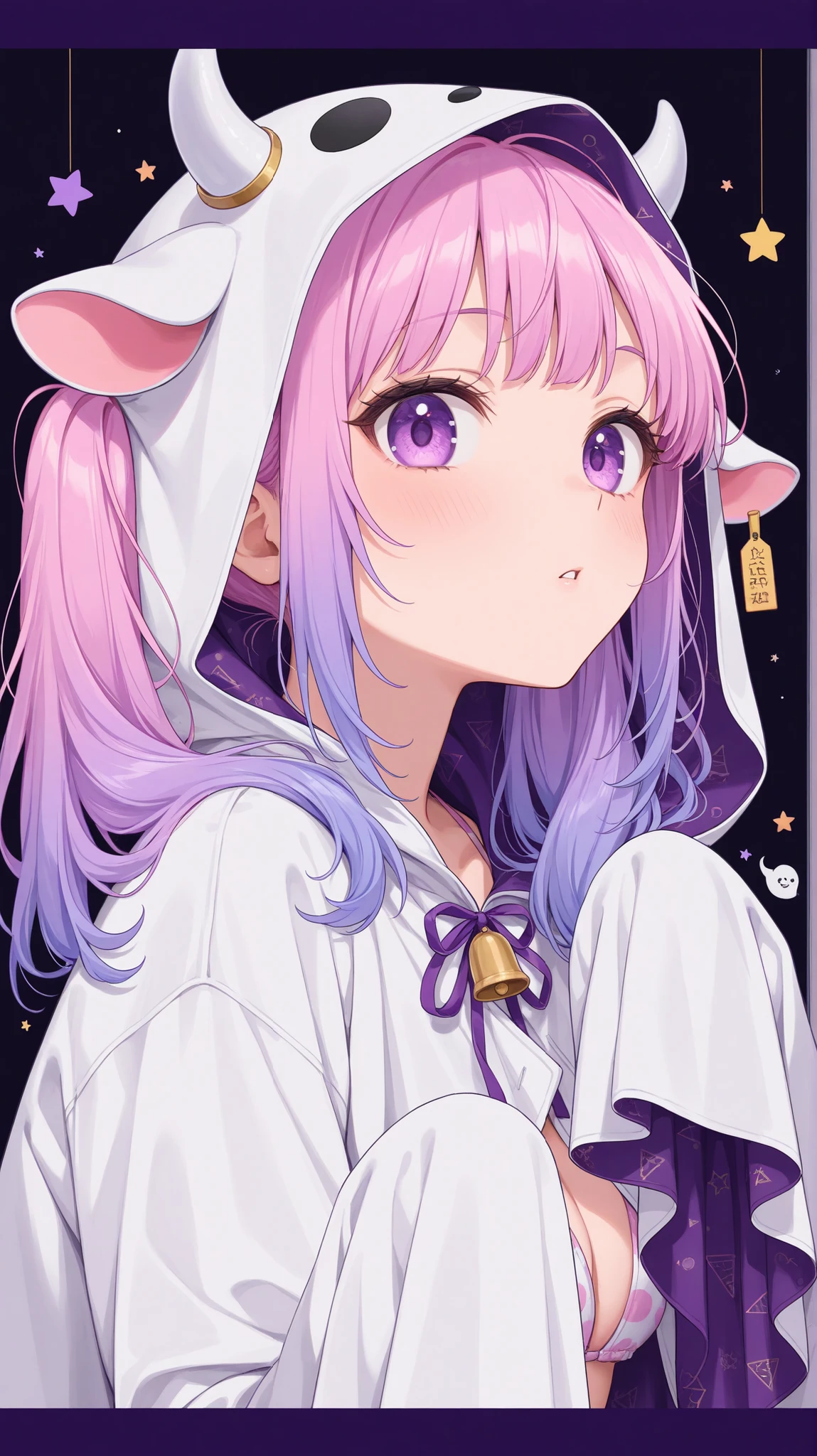 [[sideways]]、[[facing the front]]、cosplay with white cloth like a ghost、[[hair is pink on the right side and purple on the left]]、[[pink and purple waves with twin tails]]、[eyes are pink and purple]、eyes are big and the eyelashes are thick、with cow horns and ears on the head、The bikini pattern is a cow pattern、Wear a Halloween costume、ghost pose bust up、