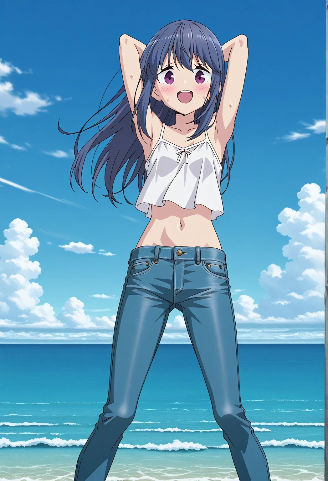 score_9, score_8_up, score_7_up, source_anime, highres, hi res, ((best quality, top quality, perfect quality, Highest Quality, amazing quality)), {{masterpiece}}, {{an extremely delicate and beautiful}}, 2d, intricate details, official style, anime, 8k, anime style, official_anime, official art, digital painting, cell shading, soft shading, high resolution, soothing tones, Subdued Color, Soft cinematic light, adobe lightroom, photolab, HDR, intricately and hyper-detailed, ((high quality animation)), 1 girl, Alone, solo, ((ocean)), tsunami, on the water, day, sunny, outdoors, sky, windy, rin shima, Yurucamp, blue hair, purple eyes, long hair, sidelocks, anime screencap, small breasts, white camisole top, crop top, white crop top, best quality, hyper-detailed jeans, ((blue jeans:1.9)), (dark blue jeans:0.6), full medium body, medium shot, Open mouth, smiling, happy face, blush, sweat, standing, ((arms behind head:6.0)), bowlegged, jumping pose, action, looking at viewer, spread legs, Bend knees slightly, straight-on front view