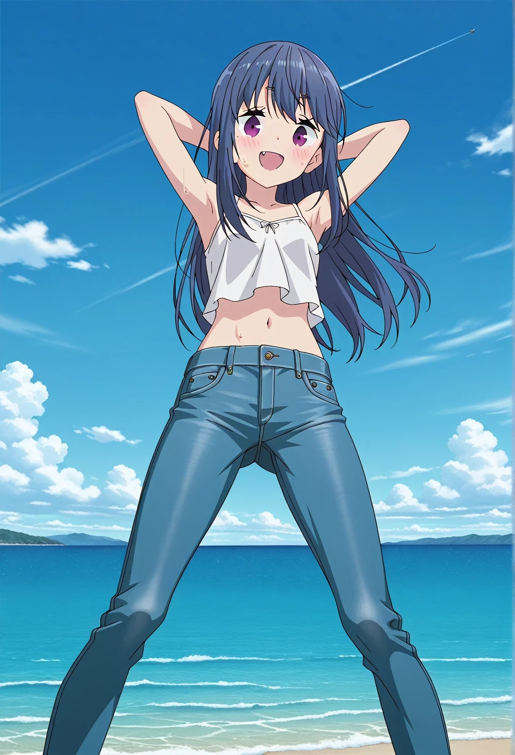 score_9, score_8_up, score_7_up, source_anime, highres, hi res, ((best quality, top quality, perfect quality, Highest Quality, amazing quality)), {{masterpiece}}, {{an extremely delicate and beautiful}}, 2d, intricate details, official style, anime, 8k, anime style, official_anime, official art, digital painting, cell shading, soft shading, high resolution, soothing tones, Subdued Color, Soft cinematic light, adobe lightroom, photolab, HDR, intricately and hyper-detailed, ((high quality animation)), 1 girl, Alone, solo, ((ocean)), tsunami, on the water, day, sunny, outdoors, sky, windy, rin shima, Yurucamp, blue hair, purple eyes, long hair, sidelocks, anime screencap, small breasts, white camisole top, crop top, white crop top, best quality, hyper-detailed jeans, ((blue jeans:1.9)), (dark blue jeans:0.6), full medium body, medium shot, Open mouth, smiling, happy face, blush, sweat, standing, ((arms behind head:6.0)), bowlegged, jumping pose, action, looking at viewer, spread legs, Bend knees slightly, straight-on front view